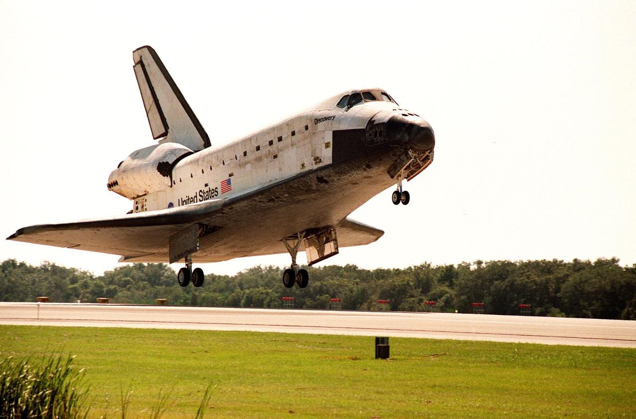 Orbiter Discovery prepares to land on runway 33 at the Shuttle Landing Facility. Main gear touchdown was at 12:04 p.m. EST, landing on orbit 135. Discovery returns to Earth with its crew of seven after successfully completing mission STS-95, lasting nearly nine days and 3.6 million miles. The crew members are Mission Commander Curtis L. Brown Jr.; Pilot Steven W. Lindsey; Mission Specialist Scott E. Parazynski; Mission Specialist Stephen K. Robinson; Payload Specialist John H. Glenn Jr., a senator from Ohio; Mission Specialist Pedro Duque of Spain, with the European Space Agency (ESA); and Payload Specialist Chiaki Mukai, M.D., with the National Space Development Agency of Japan (NASDA). The mission included research payloads such as the Spartan solar-observing deployable spacecraft, the Hubble Space Telescope Orbital Systems Test Platform, the International Extreme Ultraviolet Hitchhiker, as well as the SPACEHAB single module with experiments on space flight and the aging process
