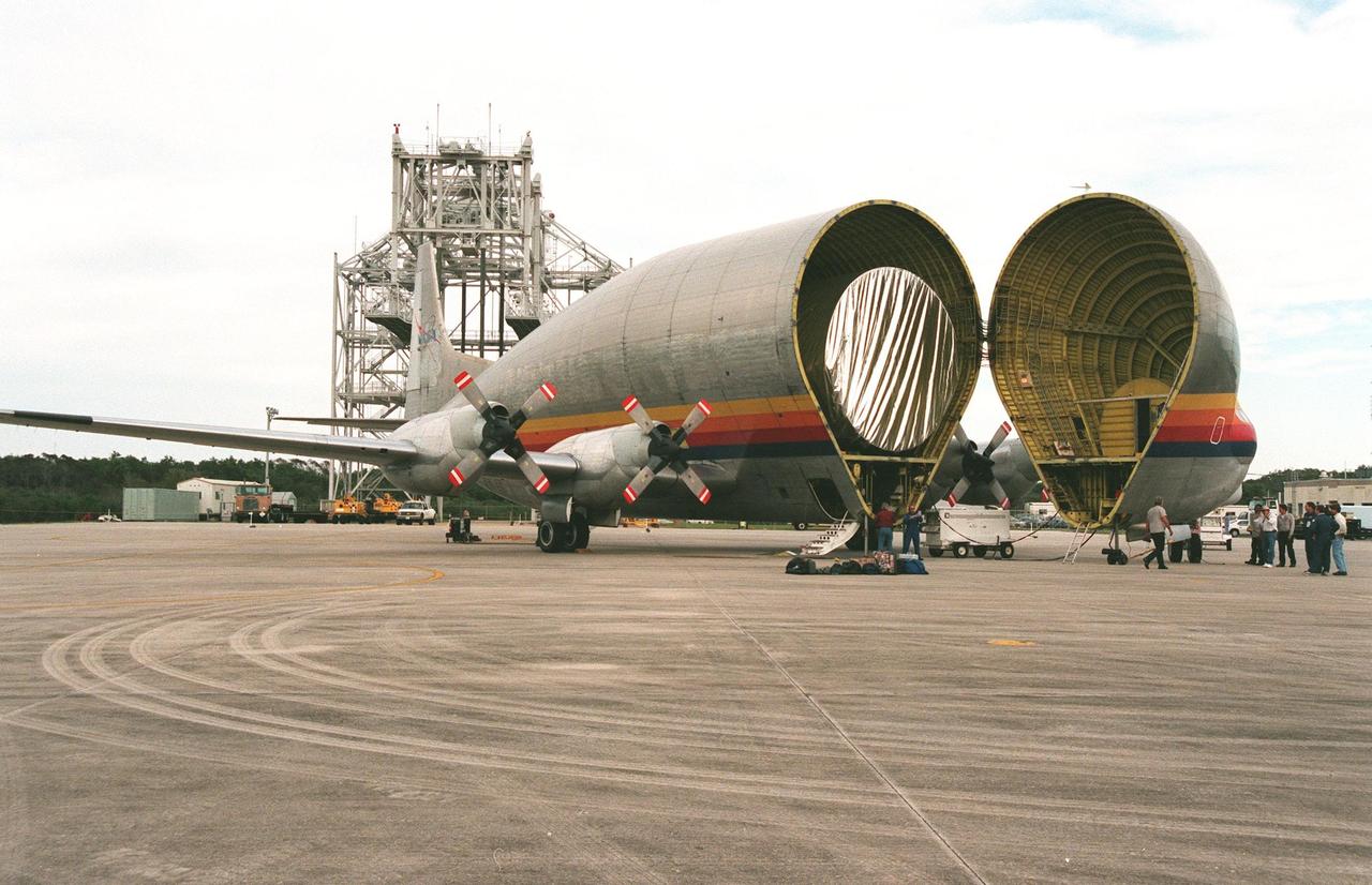 KENNEDY SPACE CENTER, FLA. -- The open front end of NASA's "Super Guppy" aircraft at the Shuttle Landing Facility reveals the U.S. laboratory module, intended for the International Space Station, that was flown from Marshall Space Flight Center, Huntsville, to Kennedy. The lab is being transferred to the Space Station Processing Facility for pre-launch preparations. Scheduled for launch aboard the Shuttle Endeavour on mission STS-98, the laboratory comprises three cylindrical sections with two end cones. Each end-cone contains a hatch opening for entering and exiting the lab. The lab will provide a shirtsleeve environment for research in the areas of life science, microgravity science, Earth science and space science. Designated Flight 5A, this mission is targeted for launch in early 2000