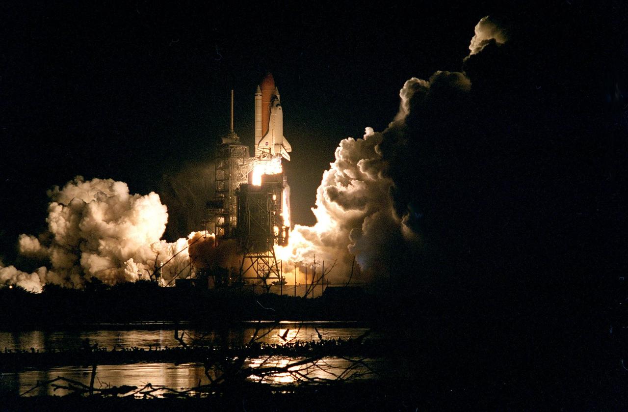 KENNEDY SPACE CENTER, Fla. --  The Space Shuttle Endeavour illuminates the night sky as it embarks on the first U.S. mission dedicated to the assembly of the International Space Station. Liftoff on Dec. 4 from Launch Pad 39A was at 3:35:34 a.m. EST. During the nearly 12-day mission, the six-member crew will mate in space the first two elements of the International Space Station the already-orbiting Zarya control module with the Unity connecting module carried by Endeavour. Crew members are Commander Robert D. Cabana, Pilot Frederick W. "Rick" Sturckow, and Mission Specialists Nancy J. Currie, Jerry L. Ross, James H. Newman and Sergei Konstantinovich Krikalev, a Russian cosmonaut. This was the second launch attempt for STS-88. The first one on Dec. 3 was scrubbed when launch controllers, following an assessment of a suspect hydraulic system, were unable to resume the countdown clock in time to launch within the remaining launch window