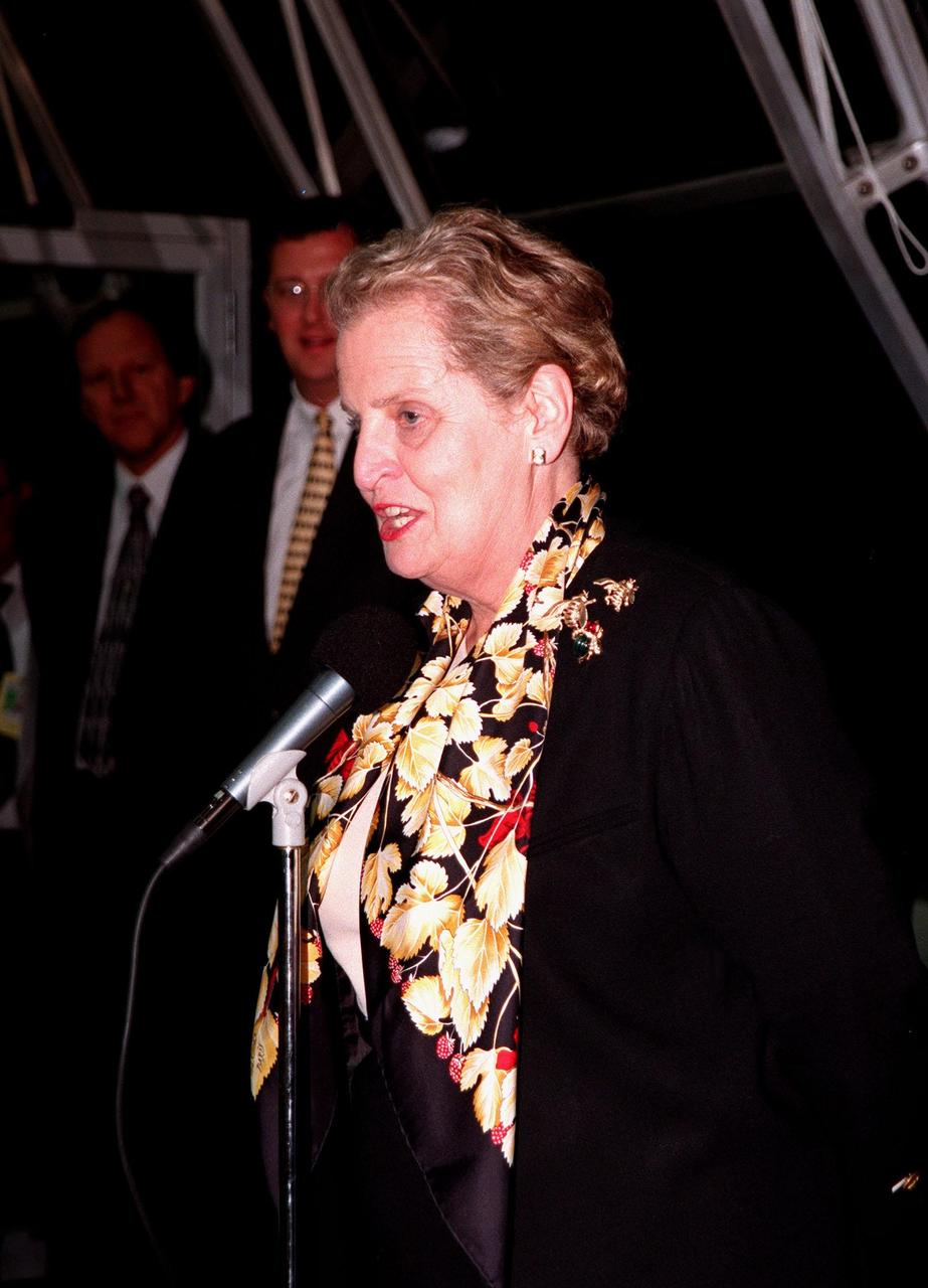 In a firing room of the Launch Control Center, U.S. Secretary of State Madeleine Albright speaks to the launch team after the successful launch of Space Shuttle Endeavour at 3:35:34 a.m. EST. During the nearly 12-day mission of STS-88, the six-member crew will mate in space the first two elements of the International Space Station the already-orbiting Zarya control module and the Unity connecting module carried by Endeavour