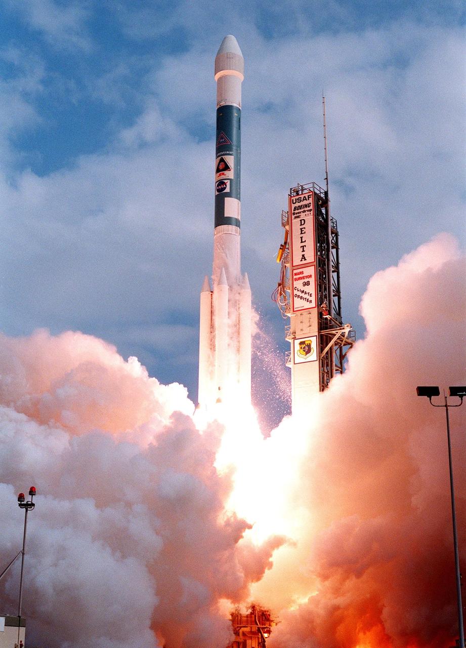 KENNEDY SPACE CENTER, FLA. -- A Boeing Delta II expendable launch vehicle lifts off with NASA's Mars Climate Orbiter at 1:45:51 p.m. EST, on Dec. 11, 1998, from Launch Complex 17A, Cape Canaveral Air Station. The launch was delayed one day when personnel detected a battery-related software problem in the spacecraft. The problem was corrected and the launch was rescheduled for the next day. The first of a pair of spacecraft to be launched in the Mars Surveyor '98 Project, the orbiter is heading for Mars where it will first provide support to its companion Mars Polar Lander spacecraft, which is planned for launch on Jan. 3, 1999. The orbiter's instruments will then monitor the Martian atmosphere and image the planet's surface on a daily basis for one Martian year (1.8 Earth years). It will observe the appearance and movement of atmospheric dust and water vapor, as well as characterize seasonal changes on the surface. The detailed images of the surface features will provide important clues to the planet's early climate history and give scientists more information about possible liquid water reserves beneath the surface