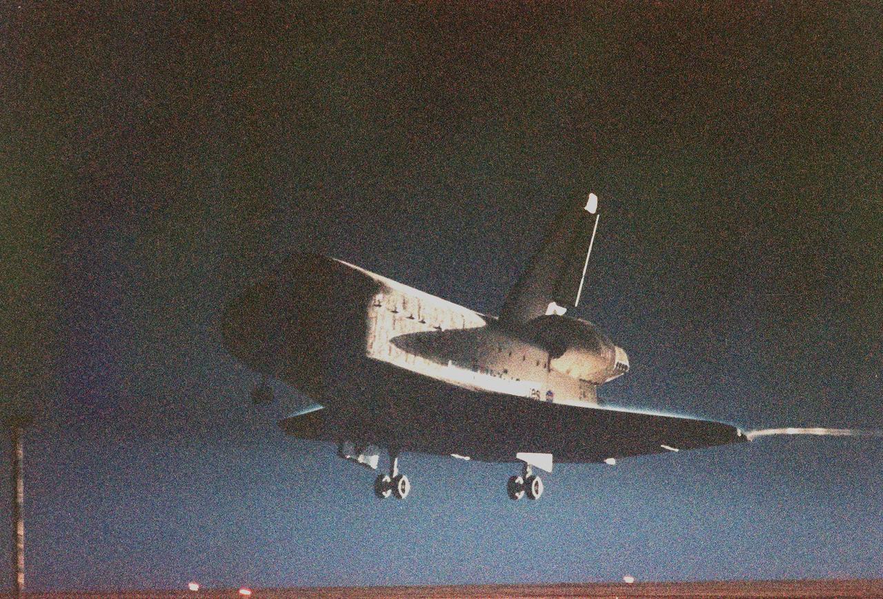 KENNEDY SPACE CENTER, Fla. -- After a flawless mission, Endeavour prepares to land on Runway 15 at the Shuttle Landing Facility to complete an 11-day, 19-hour and 18-minute-long STS-88 mission. At the controls is Commander Robert D. Cabana.. Other crew members on board are Pilot Frederick W. "Rick" Sturckow and Mission Specialists Jerry L. Ross, Nancy J. Currie, James H. Newman and Sergei Konstantinovich Krikalev, a Russian cosmonaut. This is the tenth nighttime landing for a Space Shuttle, the fifth at Kennedy Space Center, and the ninth landing of Endeavour at KSC. On the 4.6-million-mile mission, Endeavour carried the U.S.-built Unity connecting module to begin construction of the International Space Station. The crew successfully mated Unity with the Russian-built Zarya control module during three space walks. With this mission, Ross completed seven space walks totaling 44 hours and 9 minutes, more than any other American space walker. Newman moved into third place for U.S. space walks with a total of 28 hours and 27 minutes on four excursions
