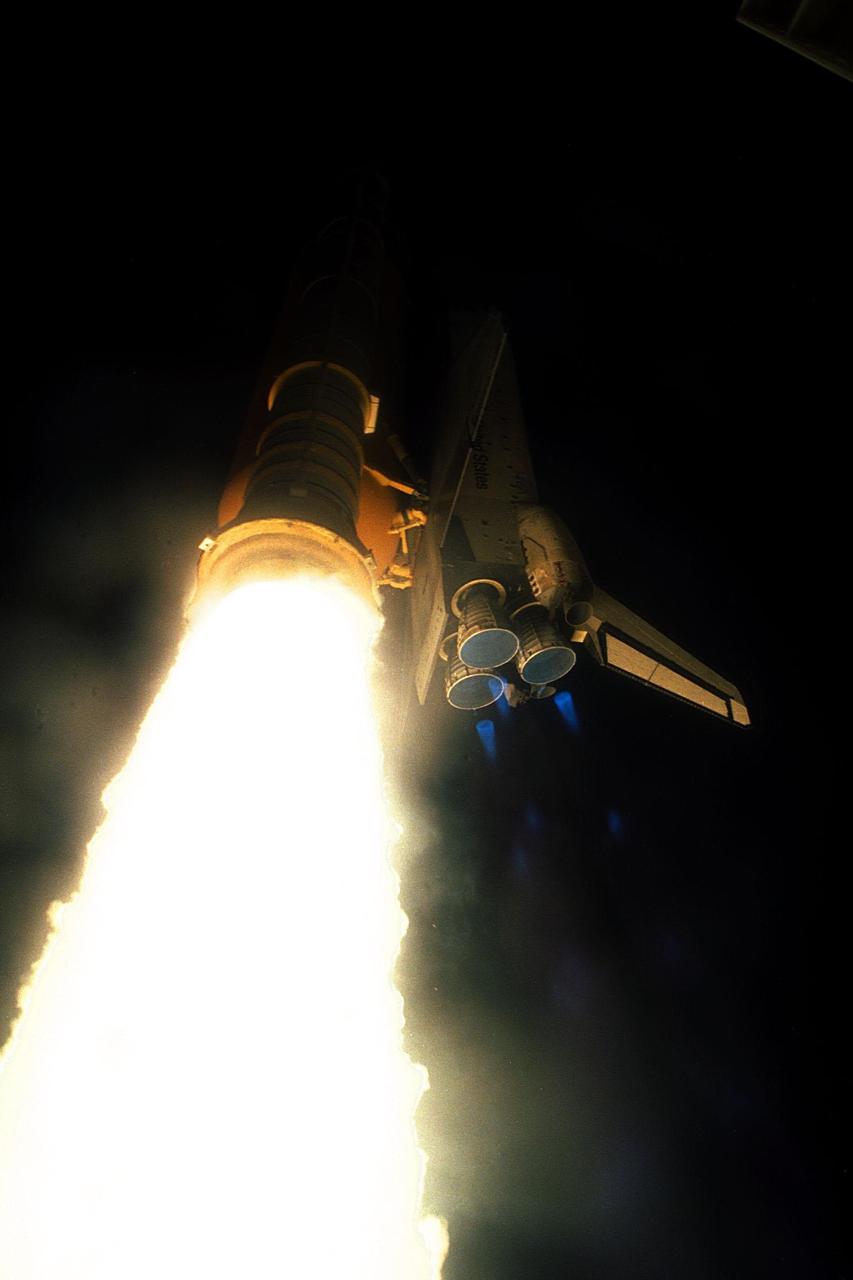 The Space Shuttle Endeavour cuts a bright swath through the dark sky as it blazes a trail toward the Russian Space Station Mir. Endeavour lifted off successfully at its scheduled time of 9:48:15 p.m. EST on Jan. 22 from Pad 39A. STS-89 is the eighth docking with the Russian Space Station Mir, the first Mir docking for Endeavour (all previous dockings were made by Atlantis), and the first launch of 1998. After docking with Mir, Mission Specialist Andrew Thomas, Ph.D., will transfer to the space station, succeeding David Wolf, M.D., who will return to Earth aboard Endeavour. Dr. Thomas will live and work on Mir until June