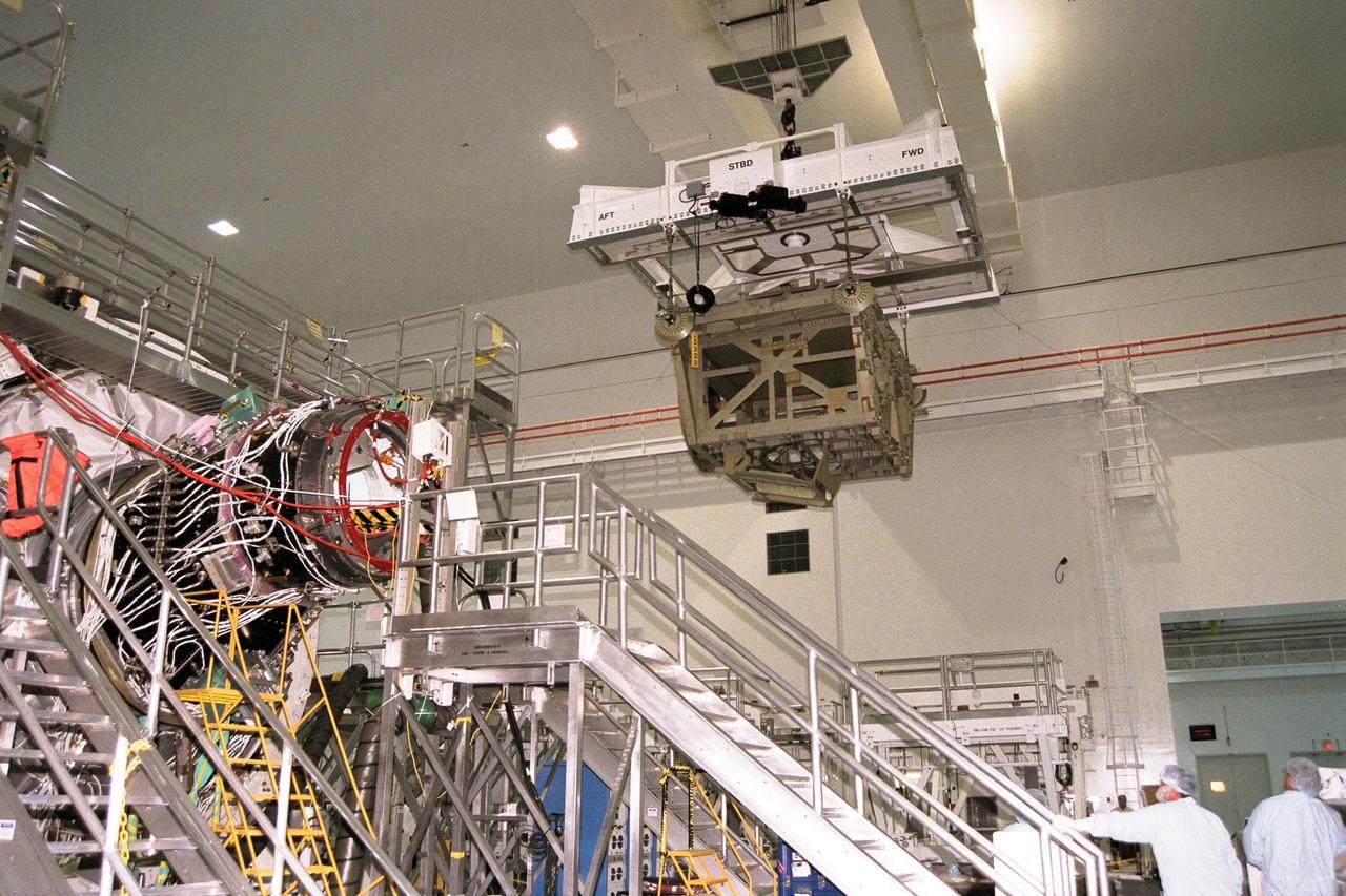 KENNEDY SPACE CENTER, FLA. -- The Z1 Integrated Truss Segment (ITS), a major element of the STS-92 mission scheduled for launch aboard Space Shuttle Atlantis in January 1999, is moved to its workstand for processing in KSC's Space Station Processing Facility (SSPF). The Z-1 truss supports the staged buildup of International Space Station (ISS) on this third scheduled flight for ISS. The Z1 truss allows the temporary installation of the U.S. power module to Node 1. Early in the assembly sequence, the purpose of Z1 is to provide a mounting location for Ku-band and S-band telemetry and extravehicular activity (EVA) equipment. It also provides common berthing mechanism hardcover stowage. In addition, it will assist with the execution of nonpropulsive attitude control. The truss arrived at KSC on Feb. 17 for preflight processing in the SSPF