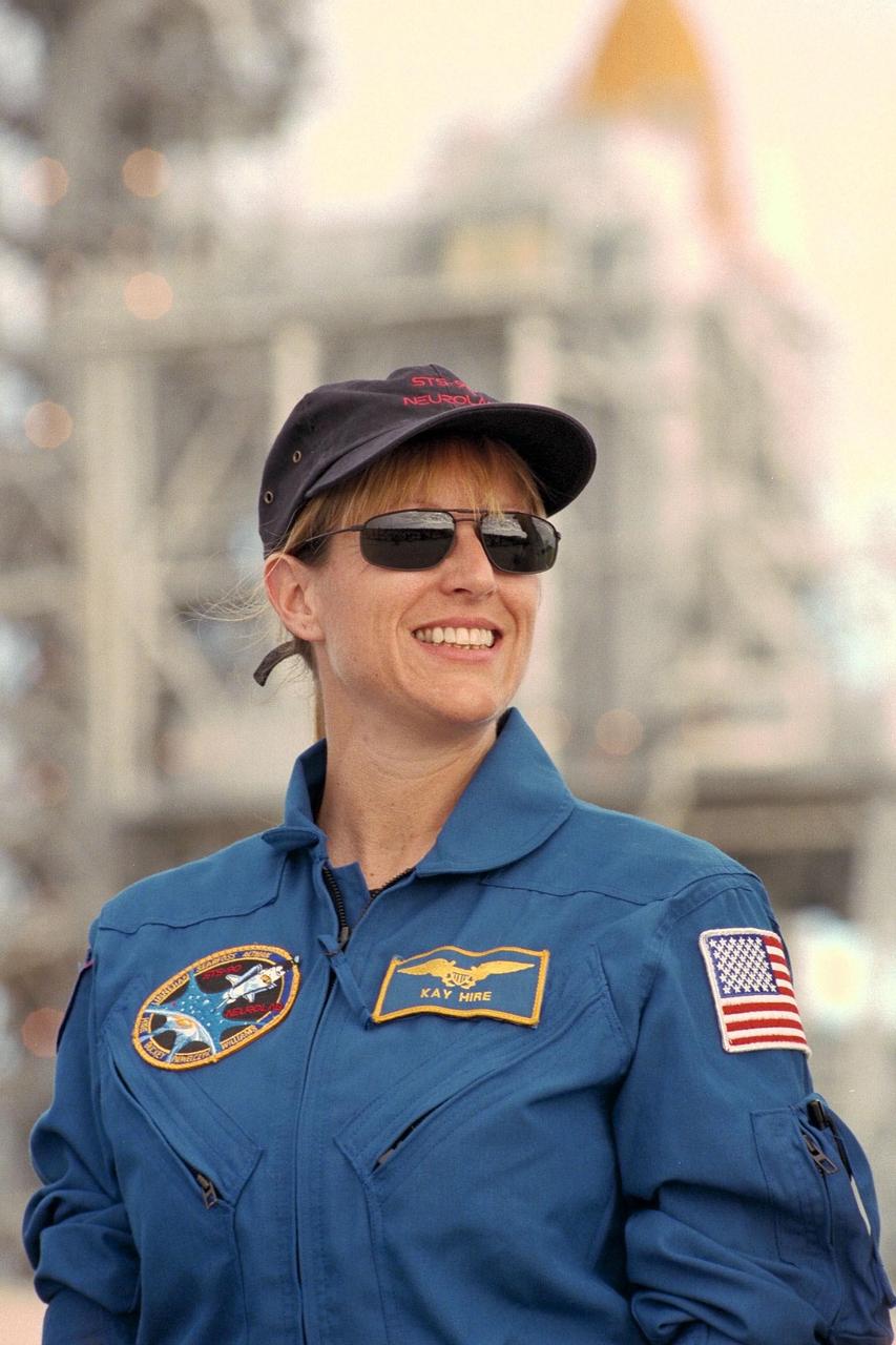 STS-90 Mission Specialist Kathryn (Kay) Hire participates in Terminal Countdown Demonstration Test (TCDT) activities at KSC's Launch Pad 39B. The TCDT is held at KSC prior to each Space Shuttle flight to provide crews with the opportunity to participate in simulated countdown activities. Columbia is targeted for launch of STS-90 on April 16 at 2:19 p.m. EDT and will be the second mission of 1998. The mission is scheduled to last nearly 17 days