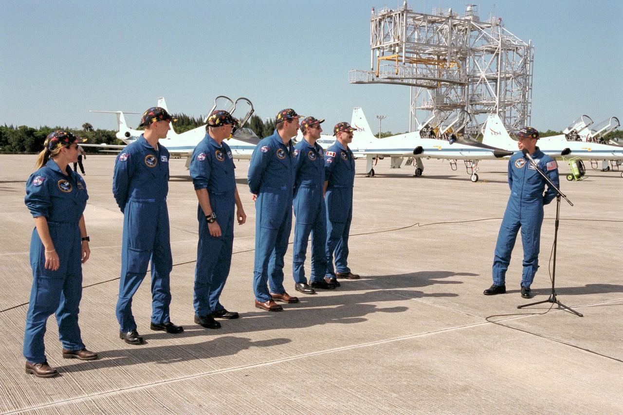 KENNEDY SPACE CENTER, FLA. -- The STS-90 crew arrive at Kennedy Space Center's Shuttle Landing Facility in preparation for the launch of Columbia on April 16 at 2:19 p.m. EDT from KSC's Launch Pad 39B. The crew of STS-90 are, left to right, Mission Specialist Kathryn (Kay) Hire; Payload Specialist James Pawelczyk, Ph.D.; Payload Specialist Jay Buckey, M.D.; Pilot Scott Altman; Mission Specialist Richard Linnehan, D.V.M.; Mission Specialist Dafydd (Dave) Williams with the Canadian Space Agency; and Commander Richard Searfoss. STS-90, which will be the second mission of 1998, is scheduled to last nearly 17 days