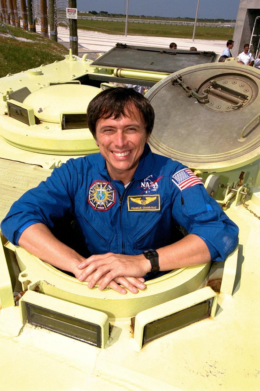 STS-91 Mission Specialist Franklin Chang-Diaz, Ph.D., is learning how to operate an M-113 armored personnel carrier during Terminal Countdown Demonstration Test (TCDT) training activities. The TCDT is held at KSC prior to each Space Shuttle flight to provide crews with an opportunity to participate in simulated countdown activities. STS-91 is scheduled to be launched on June 2 with a launch window opening around 6:10 p.m. EDT. The mission will feature the ninth Shuttle docking with the Russian Space Station Mir, the first Mir docking for Discovery, the conclusion of Phase I of the joint U.S.-Russian International Space Station Program, and the first flight of the new Space Shuttle super lightweight external tank. The STS-91 flight crew also includes Commander Charles Precourt; Pilot Dominic Gorie; and Mission Specialists Wendy B. Lawrence; Janet Kavandi, Ph.D.; and Valery Ryumin, with the Russian Space Agency. Andrew Thomas, Ph.D., will be returning to Earth with the crew after living more than four months aboard Mir