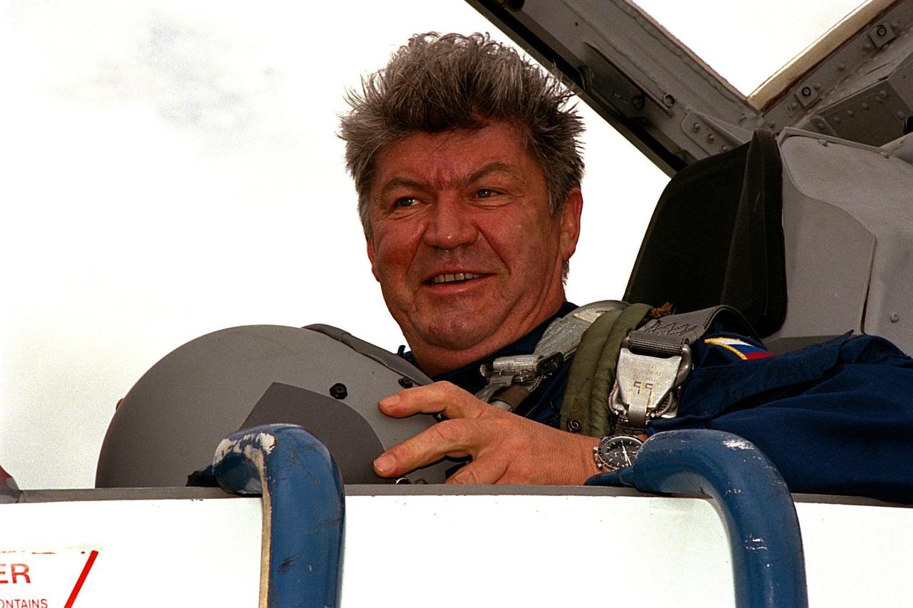 STS-91 Mission Specialist Valery Ryumin, a cosmonaut with the Russian Space Agency, arrives at Kennedy Space Center's Shuttle Landing Facility aboard a T-38 jet as part of final preparations for launch. STS-91 is scheduled to be launched on June 2 on Space Shuttle Discovery with a launch window opening around 6:10 p.m. EDT. The mission will feature the ninth Shuttle docking with the Russian Space Station Mir, the first Mir docking for Discovery, the conclusion of Phase I of the joint U.S.-Russian International Space Station Program, and the first flight of the new Space Shuttle super lightweight external tank. The STS-91 flight crew also includes Commander Charles Precourt; Pilot Dominic Gorie; and Mission Specialists Wendy B. Lawrence; Franklin Chang-Diaz, Ph.D.; and Janet Kavandi, Ph.D. Andrew Thomas, Ph.D., will be returning to Earth with the crew after living more than four months aboard Mir