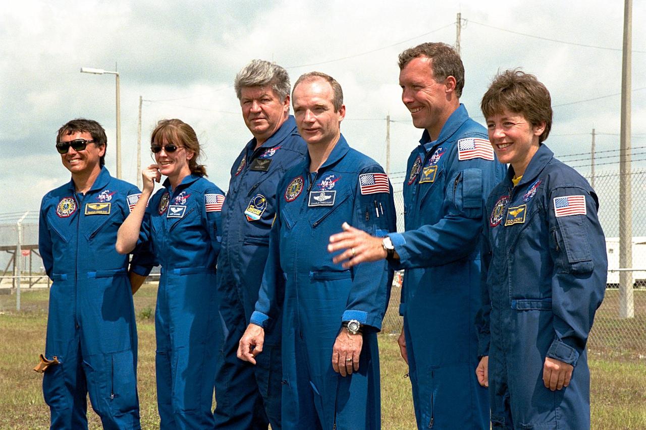 KENNEDY SPACE CENTER, Fla. -- The STS-91 flight crew visits Launch Pad 39A from which they are scheduled to be launched aboard Space Shuttle Discovery on June 2 around 6:10 p.m. EDT. From left to right, they are Mission Specialists Franklin Chang-Diaz, Ph.D.; Janet Kavandi, Ph.D.; Valery Ryumin, with the Russian Space Agency; Mission Commander Charles Precourt; Pilot Dominic Gorie; and Mission Specialist Wendy B. Lawrence. STS-91 will feature the ninth Shuttle docking with the Russian Space Station Mir, the first Mir docking for Discovery, the conclusion of Phase I of the joint U.S.-Russian International Space Station Program, and the first flight of the new Space Shuttle super lightweight external tank. Andrew Thomas, Ph.D., will be returning to Earth with the crew after living more than four months aboard Mir