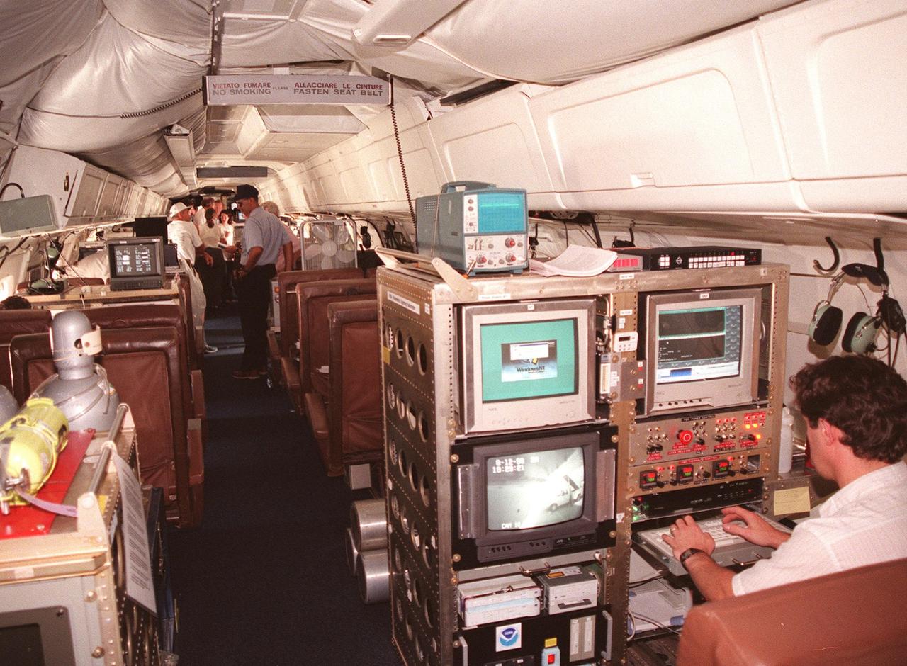 Inside this NASA Dryden Flight Research Center DC-8, which was on view at Patrick Air Force Base, visitors get a close-up look at the instruments that will be used to collect high-altitude information about Atlantic hurricanes and tropical storms as part of a NASA-led Atmospheric Dynamics and Remote Sensing program. The DC-8 is one of two aircraft being flown in a study through September to learn about the storms from top to bottom. The other plane, a modified U2, and the DC-8 will fly in conjunction with scheduled storm flights of the National Oceanic and Atmospheric Administration (NOAA) out of MacDill Air Force Base in Tampa and the U.S. Air Force 53rd Weather Reconnaissance Squadron from Keesler Air Force Base, Miss. The hurricane study is part of NASA’s Earth Science enterprise to better understand the total Earth system and the effects of natural and human-induced changes on the global environment