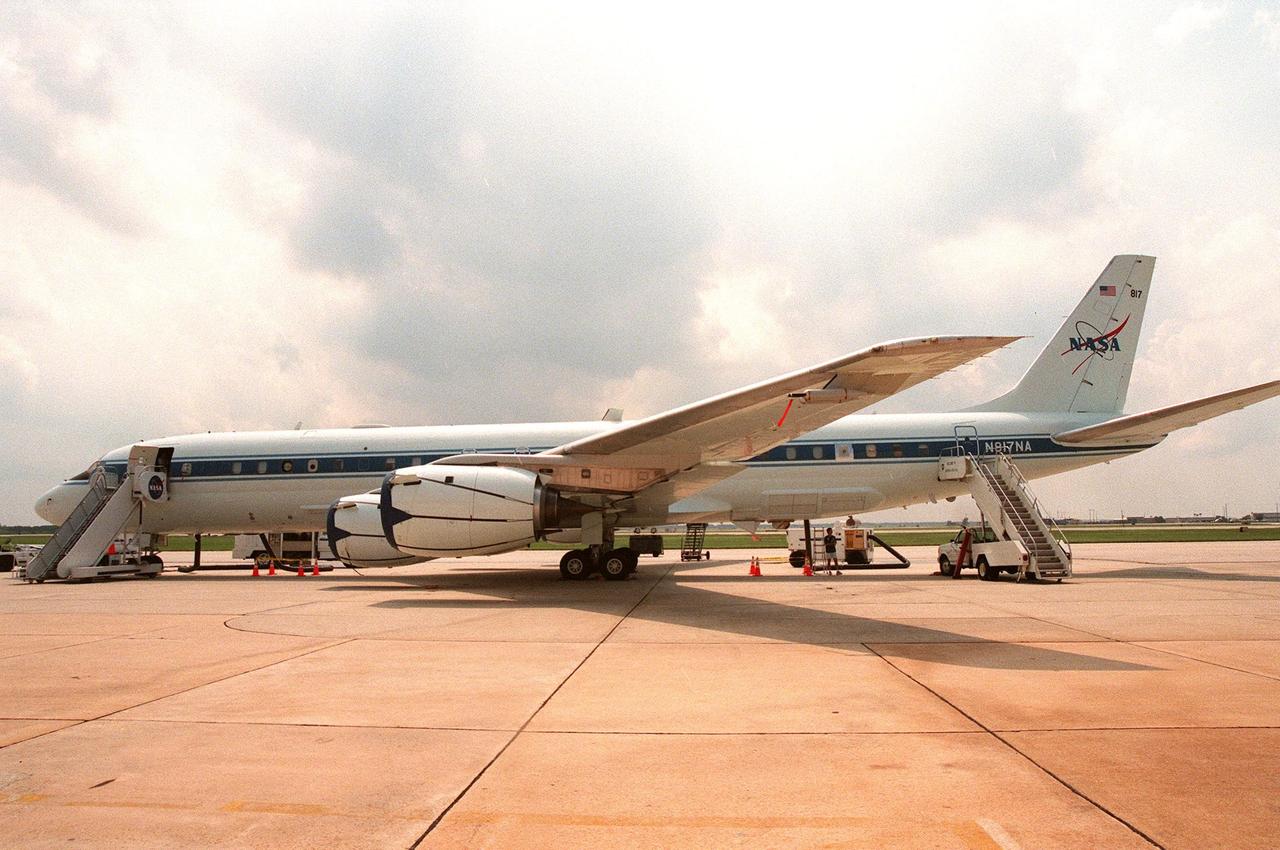 This NASA Dryden Flight Research Center DC-8, on view at Patrick Air Force Base, stands ready to pursue its goal of collecting high-altitude information about Atlantic hurricanes and tropical storms. Flying at 35,000 to 40,000 feet, the plane is equipped with instruments to measure the storm’s structure, environment and changes in intensity and tracking. The DC-8 is part of the NASA-led Atmospheric Dynamics and Remote Sensing program that includes other government weather researchers and the university community in a study of Atlantic hurricanes and tropical storms. The hurricane study, which lasts through September 1998, is part of NASA’s Earth Science enterprise to better understand the total Earth system and the effects of natural and human-induced changes on the global environment