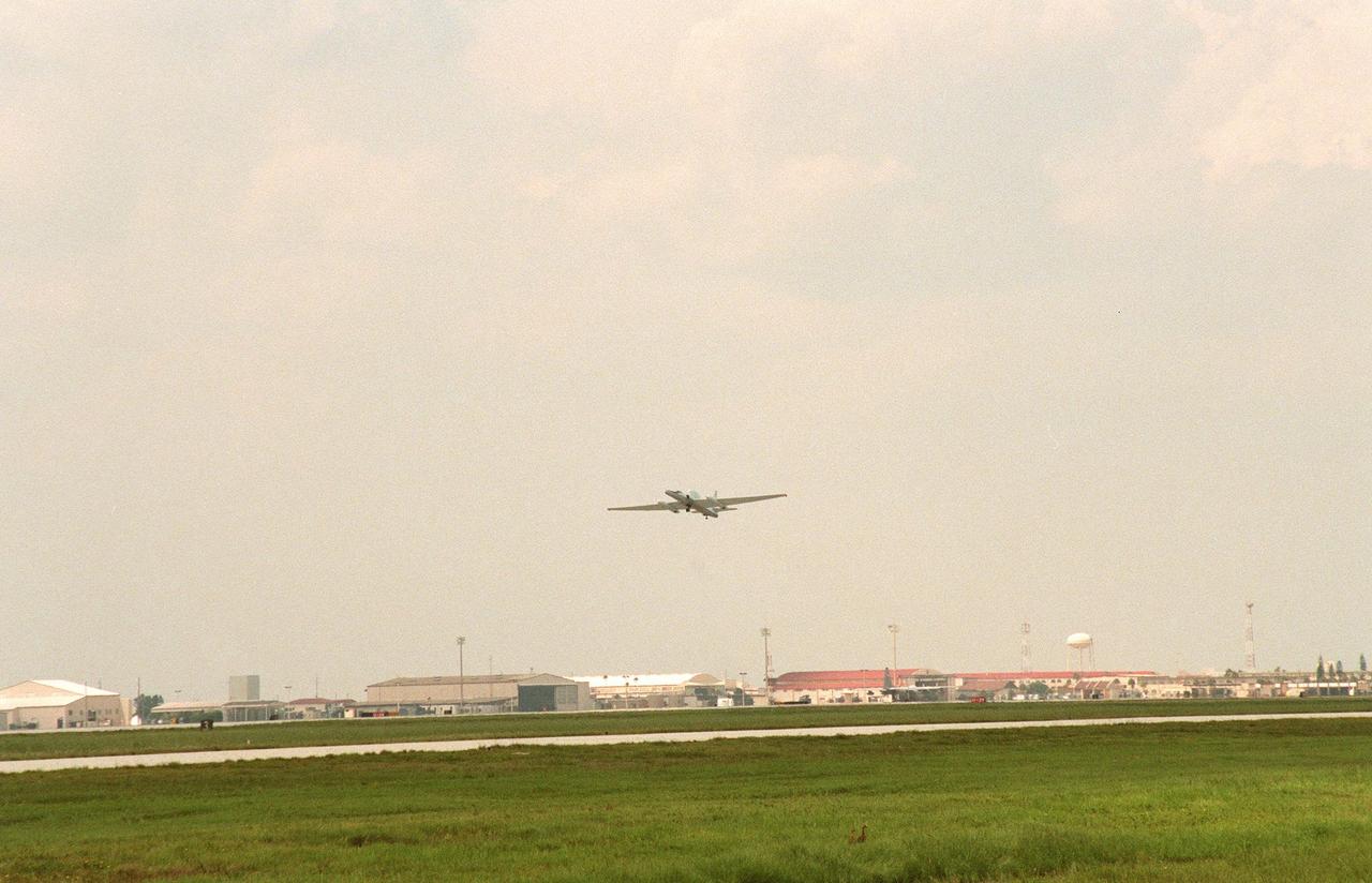 A specially equipped Dryden Flight Research Center ER-2 (a modified U-2) takes off from Patrick Air Force Base enroute to a hurricane in the Atlantic. The plane is part of the NASA-led Atmospheric Dynamics and Remote Sensing program that includes other government weather researchers and the university community in a study of Atlantic hurricanes and tropical storms. Soaring above 65,000 feet, the ER-2 will measure the structure of hurricanes and the surrounding atmosphere that steers the storm’s movement. The hurricane study, which lasts through September 1998, is part of NASA’s Earth Science enterprise to better understand the total Earth system and the effects of natural and human-induced changes on the global environment