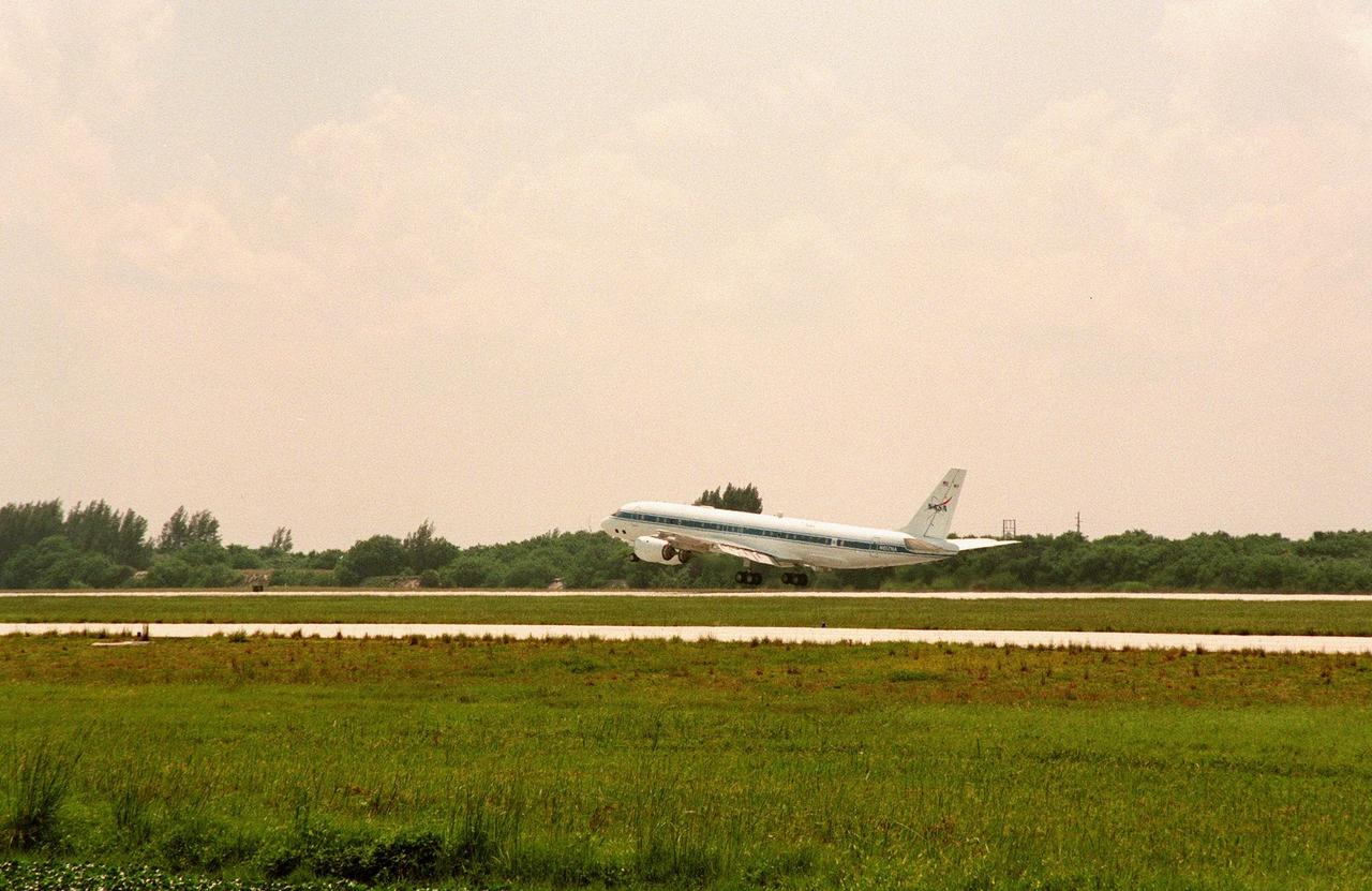 This NASA Dryden Flight Research Center DC-8 takes off from Patrick Air Force Base to pursue its goal of collecting high-altitude information about Atlantic hurricanes and tropical storms. Flying at 35,000 to 40,000 feet, the plane is equipped with instruments to measure the storm’s structure, environment and changes in intensity and tracking. The DC-8 is part of the NASA-led Atmospheric Dynamics and Remote Sensing program that includes other government weather researchers and the university community in a study of Atlantic hurricanes and tropical storms. The hurricane study, which lasts through September, is part of NASA’s Earth Science enterprise to better understand the total Earth system and the effects of natural and human-induced changes on the global environment