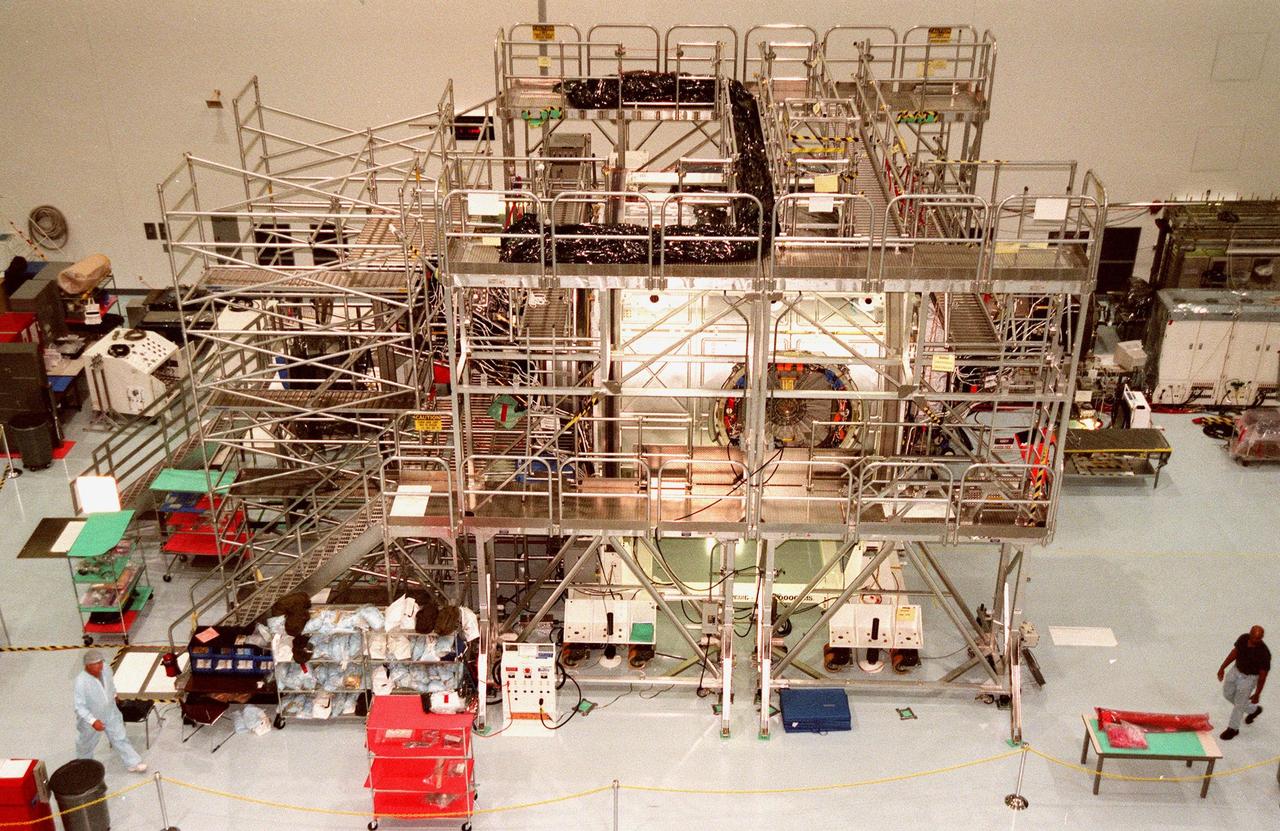 KENNEDY SPACE CENTER, FLA. -- The Unity connecting module is viewed from above while it awaits processing in the Space Station Processing Facility (SSPF). On the side can be seen the connecting hatch. The Unity, scheduled to be launched on STS-88 in December 1998, will be mated to the Russian-built Zarya control module which will already be in orbit. STS-88 will be the first Space Shuttle launch for the International Space Station