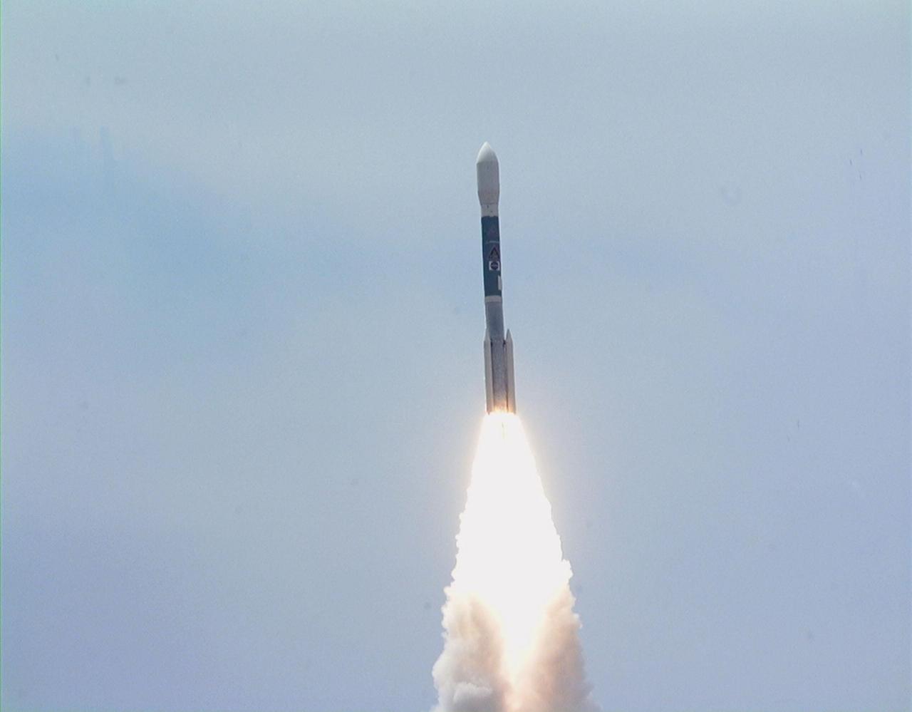 KENNEDY SPACE CENTER, FLA. -- Against a light summer sky, the Boeing Delta II rocket carrying NASA's Far Ultraviolet Spectroscopic Explorer (FUSE) satellite roars into the atmosphere after liftoff at 11:44 a.m. EDT from Launch Pad 17A, Cape Canaveral Air Station. FUSE was developed to investigate the origin and evolution of the lightest elements in the universe hydrogen and deuterium. In addition, the FUSE satellite will examine the forces and process involved in the evolution of the galaxies, stars and planetary systems by investigating light in the far ultraviolet portion of the electromagnetic spectrum