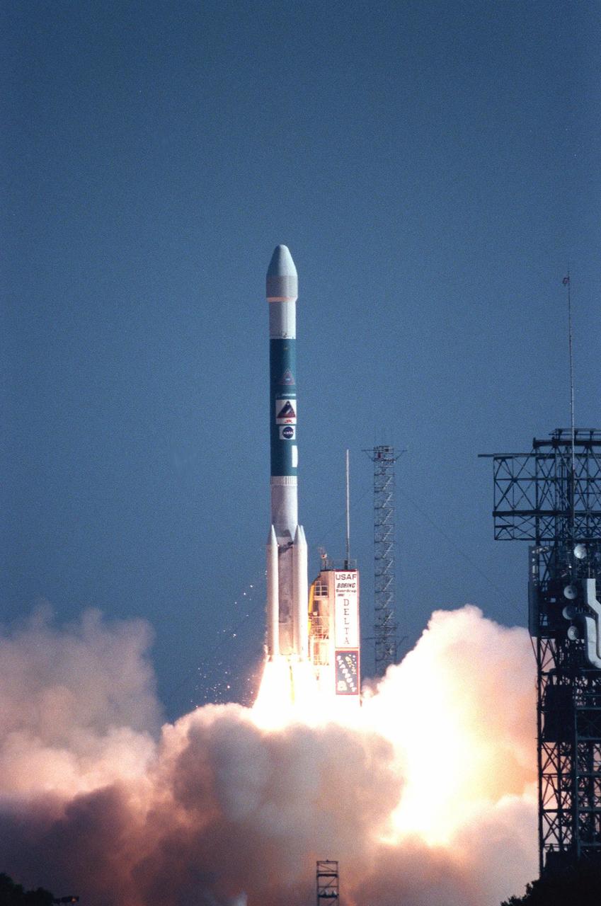 Into a pristine blue sky, the Boeing Delta II rocket carrying the Stardust spacecraft leaves clouds of exhaust behind as it lifts off at 4:04:15 p.m. EST from Launch Pad 17-A, Cape Canaveral Air Station. Stardust is destined for a close encounter with the comet Wild 2 in January 2004. Using a silicon-based substance called aerogel, Stardust will capture comet particles flying off the nucleus of the comet. The spacecraft also will bring back samples of interstellar dust. These materials consist of ancient pre-solar interstellar grains and other remnants left over from the formation of the solar system. Scientists expect their analysis to provide important insights into the evolution of the sun and planets and possibly into the origin of life itself. The collected samples will return to Earth in a sample return capsule to be jettisoned as Stardust swings by Earth in January 2006
