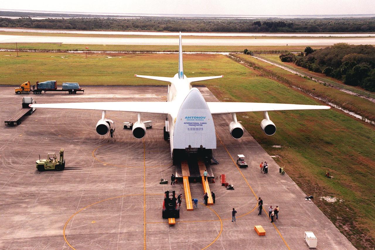 A Russian cargo plane, the Antonov 124, sits on the end of the Shuttle Landing Facility at KSC after delivering a French satellite for the EUTELSat Consortium. The satellite is targeted to be launched April 12 aboard an Atlas IIAS rocket from Complex 36, Cape Canaveral Air Station