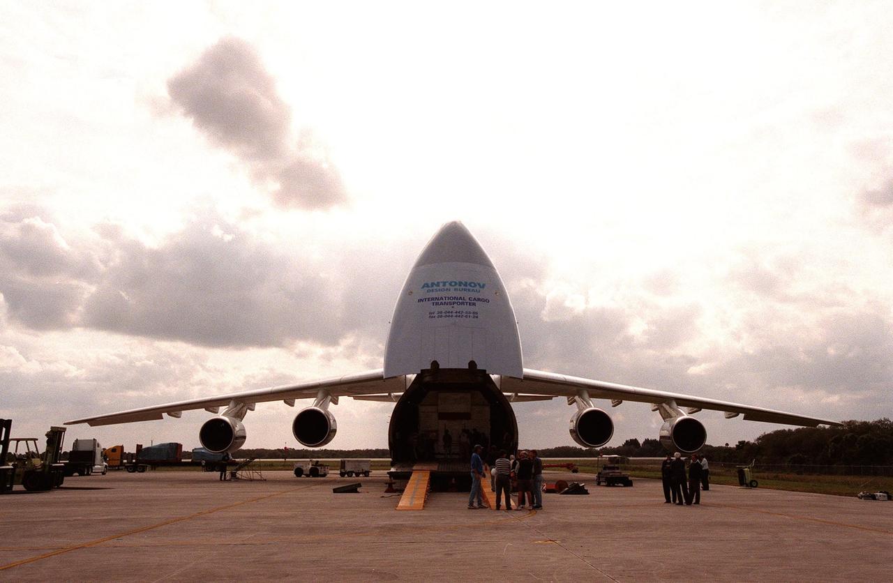 After delivering a French satellite for the EUTELSat Consortium, a Russian cargo plane, the Antonov 124, sits on the end of the Shuttle Landing Facility at KSC. The satellite is targeted to be launched April 12 aboard an Atlas IIAS rocket from Complex 36, Cape Canaveral Air Station