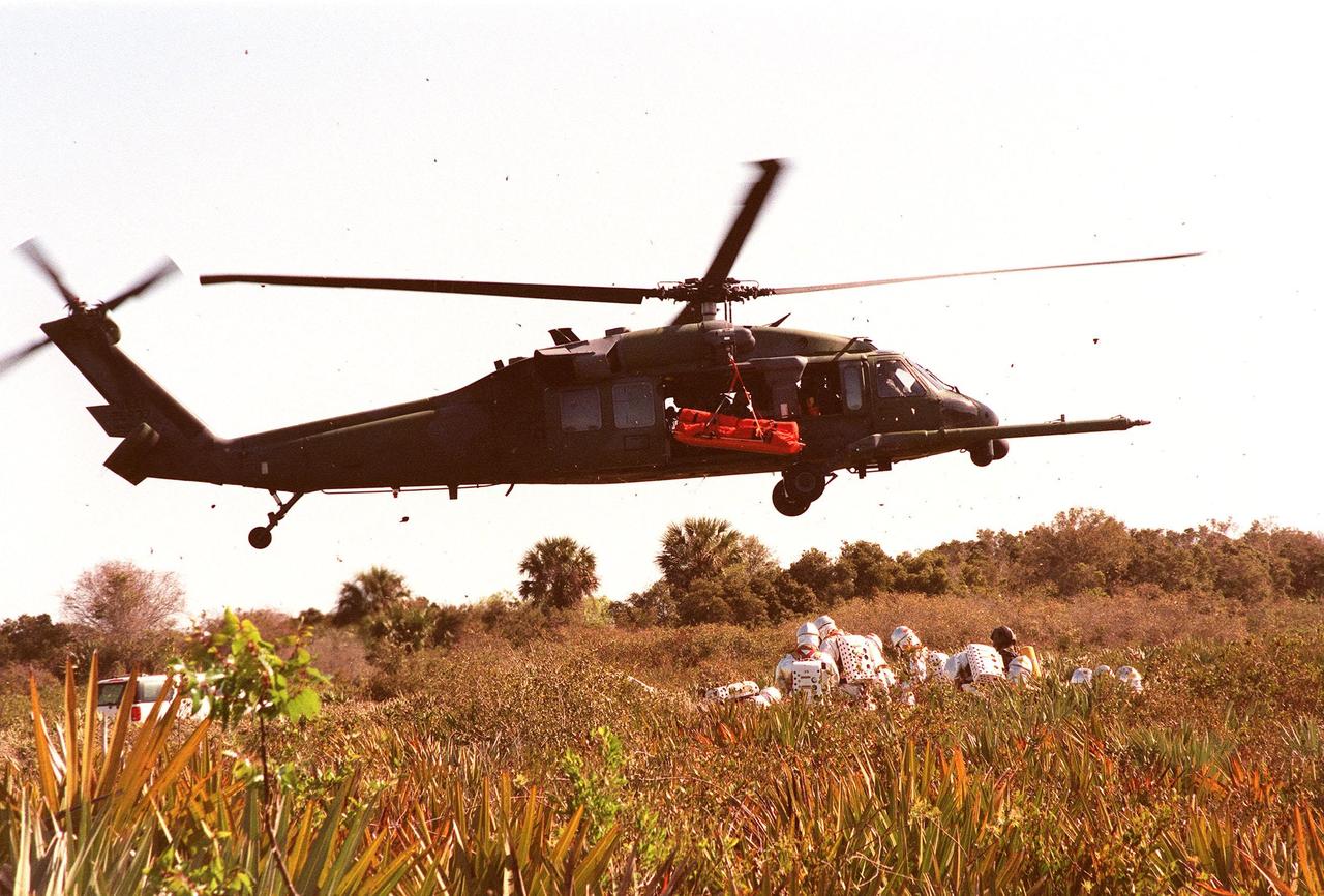KENNEDY SPACE CENTER, FLA. -- During a simulated rescue mission in the woods near the Shuttle Landing Facility (SLF), the KSC response team practices lifting an injured crew member to an Air Force HH-60 helicopter for transport to a local hospital. The response team is training for the unlikely scenario of a Shuttle mishap at the SLF. The Mode 7 simulation of an astronaut rescue exercises all aspects of command and control, search and rescue, and medical procedures required for a successful rescue. The remote location of the mock-up prevents a totally land-based crew rescue, and calls on a NASA UH-1 helicopter to locate the site and four Air Force HH-60 helicopters to reach and prepare the "crew" five astronaut candidates, one representative from the Vehicle Integration Test office, and one fire/rescue worker for preliminary triage. The exercise will conclude with airlifted "patients" arriving safely in the emergency rooms of participating area hospitals