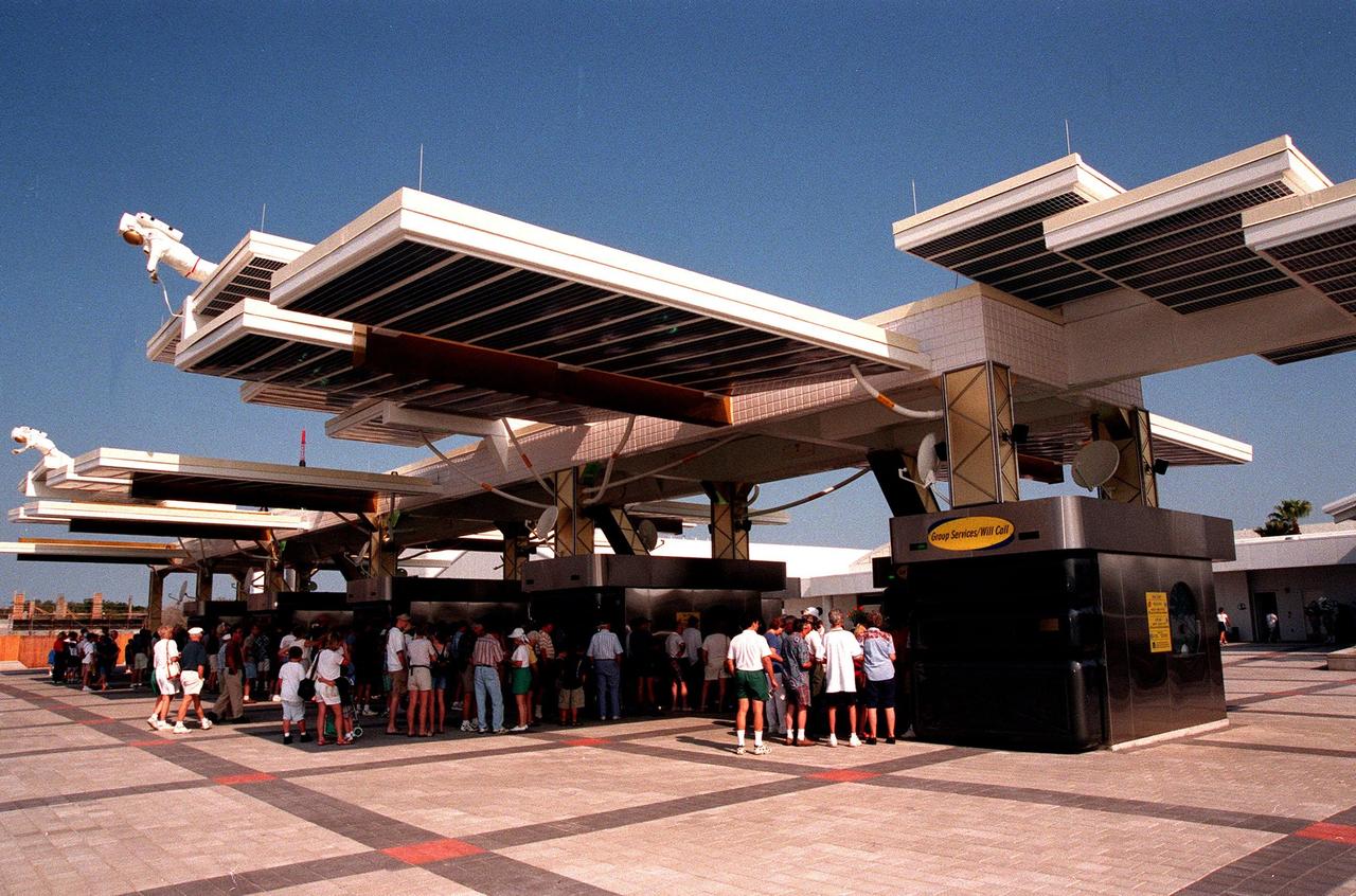 KENNEDY SPACE CENTER, FLA. -- The $13 million expansion to KSC's Visitor Complex includes a new International Space Station-themed ticket plaza, featuring a structure of overhanging solar panels and astronauts performing assembly tasks. Other additions are a new information center, a walk-through Robot Scouts exhibit, a wildlife exhibit, and the film Quest for Life in a new 300-seat theater. The KSC Visitor Complex was inaugurated three decades ago and is now one of the top five tourist attractions in Florida. It is located on S.R. 407, east of I-95, within the Merritt Island National Wildlife Refuge