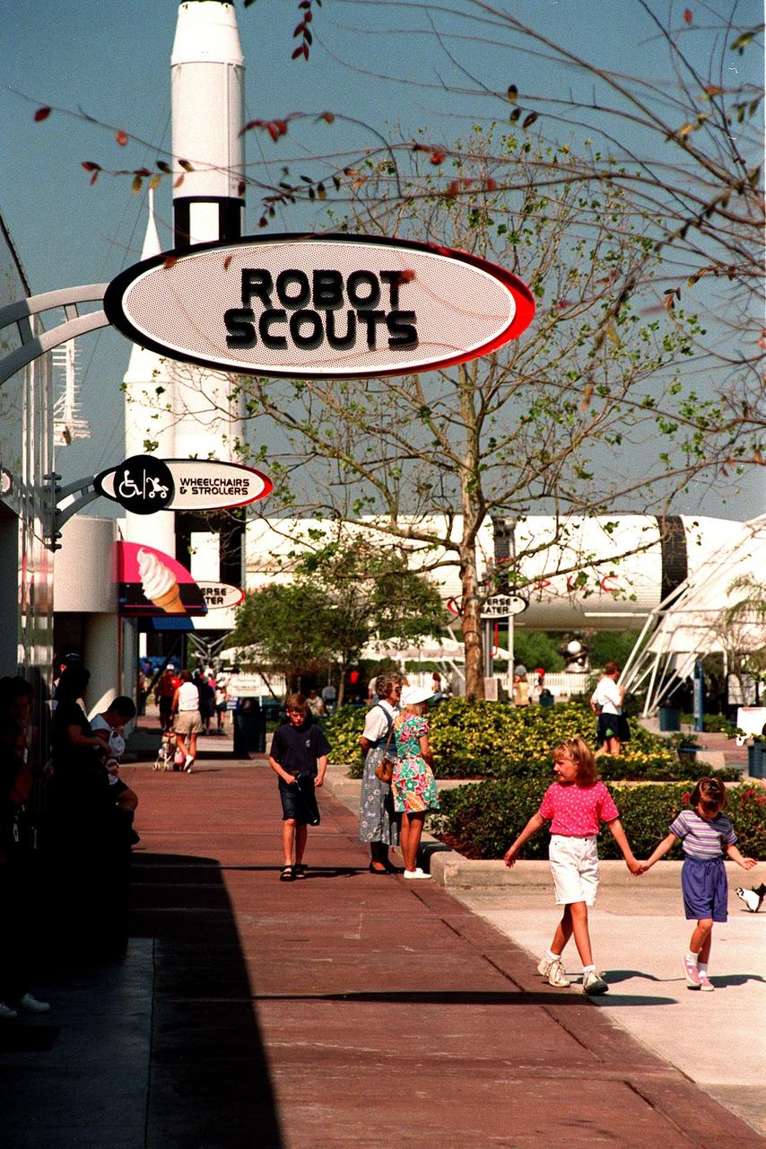 KENNEDY SPACE CENTER, FLA. -- The newly added Robot Scouts exhibit at the KSC Visitor Complex is situated next to the Rocket Garden. Part of the $13 million expansion to the Visitor Complex, the exhibit helps describe for visitors the accomplishments of unsung space heroes space probes and their role in space exploration. It also includes a display of how data from robotic probes might be used to build a human habitat for Mars. Visitors can witness a simulated Martian sunset. Other additions include a new foyer, films, and an International Space Station-themed ticket plaza, featuring a structure of overhanging solar panels and astronauts performing assembly tasks. The KSC Visitor Complex was inaugurated three decades ago and is now one of the top five tourist attractions in Florida. It is located on S.R. 407, east of I-95, within the Merritt Island National Wildlife Refuge