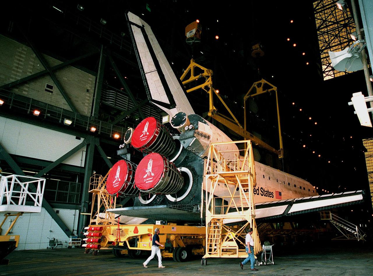 KENNEDY SPACE CENTER, FLA. -- The Space Shuttle orbiter Discovery rests inside the Vehicle Assembly Building after rollover from the Orbiter Processing Facility bay 1. Discovery is being readied for the next mission, STS-96, which is targeted for launch on May 20 from Launch Pad 39B. STS-96 is a logistics and resupply mission for the International Space Station, carrying such payloads as a Russian crane, the Strehla; a U.S.-built crane; a Shuttle Vibration Forces experiment; and STARSHINE, a student-led experiment