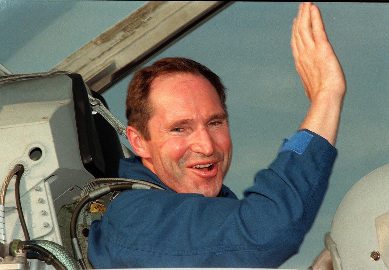 STS-96 Mission Specialist Valery Ivanovich Tokarev, who represents the Russian Space Agency, arrives at the Shuttle Landing Facility in a T-38 jet aircraft. The STS-96 crew are taking part in Terminal Countdown Demonstration Test (TCDT) activities. The TCDT provides the crew with simulated countdown exercises, emergency egress training, and opportunities to inspect the mission payloads in the orbiter's payload bay. Mission STS-96, which is targeted for launch on May 20 at 9:32 a.m., is a logistics and resupply mission for the International Space Station, carrying such payloads as a Russian crane, the Strela; a U.S.-built crane; the Spacehab Oceaneering Space System Box (SHOSS), a logistics items carrier; and STARSHINE, a student-led experiment. Others in the STS-96 crew are Commander Kent V. Rominger, Pilot Rick Douglas Husband, and Mission Specialists Ellen Ochoa (Ph.D.), Tamara E. Jernigan (Ph.D.), Daniel Barry (M.D., Ph.D.), and Julie Payette, who represents the Canadian Space Agency