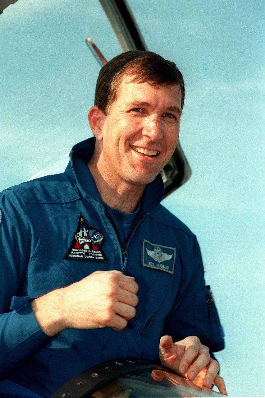 STS-96 Pilot Rick Douglas Husband arrives at the Shuttle Landing Facility in a T-38 jet aircraft. The STS-96 crew are taking part in Terminal Countdown Demonstration Test (TCDT) activities. The TCDT provides the crew with simulated countdown exercises, emergency egress training, and opportunities to inspect the mission payloads in the orbiter's payload bay. Mission STS-96, which is targeted for launch on May 20 at 9:32 a.m., is a logistics and resupply mission for the International Space Station, carrying such payloads as a Russian crane, the Strela; a U.S.-built crane; the Spacehab Oceaneering Space System Box (SHOSS), a logistics items carrier; and STARSHINE, a student-led experiment. Others in the STS-96 crew are Commander Kent V. Rominger and Mission Specialists Ellen Ochoa (Ph.D.), Tamara E. Jernigan (Ph.D.), Daniel Barry (M.D., Ph.D.), Julie Payette and Valery Ivanovich Tokarev. Payette represents the Canadian Space Agency and Tokarev the Russian Space Agency