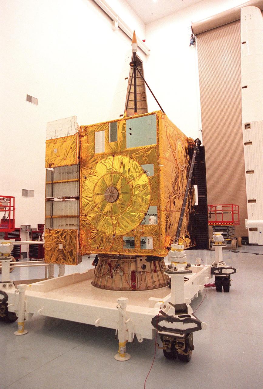 At Astrotech, Titusville, Fla., the GOES-L weather satellite sits on a workstand, ready to be encapsulated for its transfer to Launch Pad 36A, Cape Canaveral Air Station. GOES is scheduled for launch aboard a Lockheed Martin Atlas II rocket later in May. The fourth of a new advanced series of geostationary weather satellites for the National Oceanic and Atmospheric Administration (NOAA), GOES-L is a three-axis inertially stabilized spacecraft that will provide pictures and perform atmospheric sounding at the same time. After it is launched, the satellite will undergo checkout and then provide backup capabilities for the existing, aging operational satellites. Once in orbit, the satellite will become GOES-11, joining GOES-8, GOES-9 and GOES-10 in space