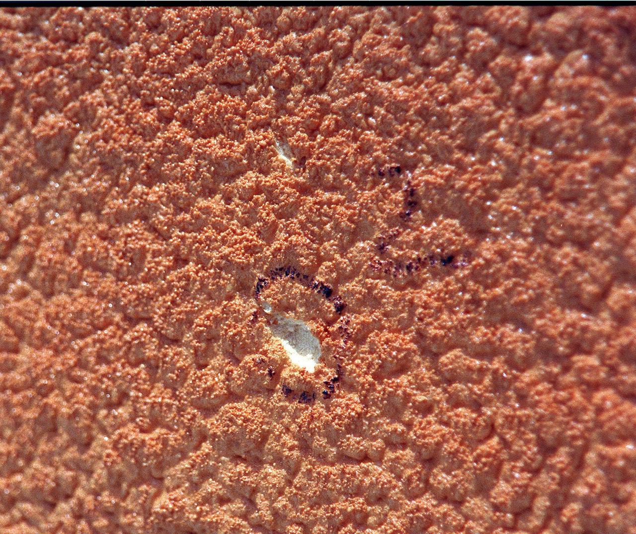 A hole, created by recent hail storms, is identified as number two on the surface of the external tank (ET) mated to Space Shuttle Discovery at Launch Pad 39B. Workers are investigating the damage and potential problems for launch posed by ice forming in the holes, which may number as many as 150 over the entire tank. The average size of the holes is one-half inch in diameter and one-tenth inch deep. The external tank contains the liquid hydrogen fuel and liquid oxygen oxidizer and supplies them under pressure to the three space shuttle main engines in the orbiter during liftoff and ascent. The ET thermal protection system consists of sprayed-on foam insulation. The Shuttle Discovery is targeted for launch of mission STS-96 on May 20 at 9:32 a.m
