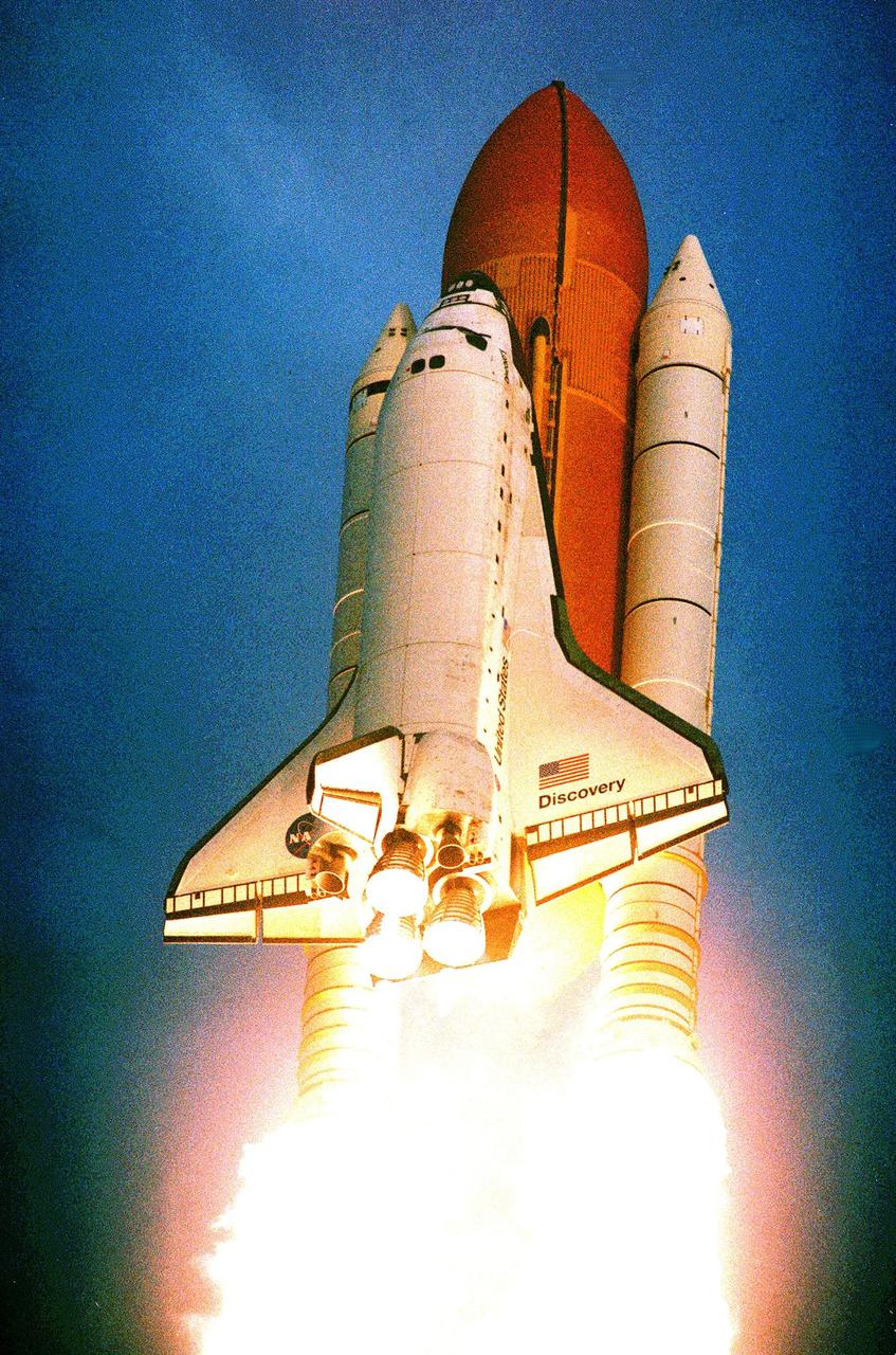 KENNEDY SPACE CENTER, FLA. -- Space Shuttle Discovery is hurled through a gossamer sky after launch today on mission STS-96. Lifting off at 6:49:42 a.m. EDT, the crew of seven begin a 10-day logistics and resupply mission for the International Space Station. Discovery carries about 4,000 pounds of supplies, to be stored aboard the station for use by future crews, including laptop computers, cameras, tools, spare parts, and clothing. The mission also includes such payloads as a Russian crane, the Strela; a U.S.-built crane; the Spacehab Oceaneering Space System Box (SHOSS), a logistics items carrier; and STARSHINE, a student-involved experiment. It will include a space walk to attach the cranes to the outside of the ISS for use in future construction. Landing is expected at the SLF on June 6 about 1:58 a.m. EDT