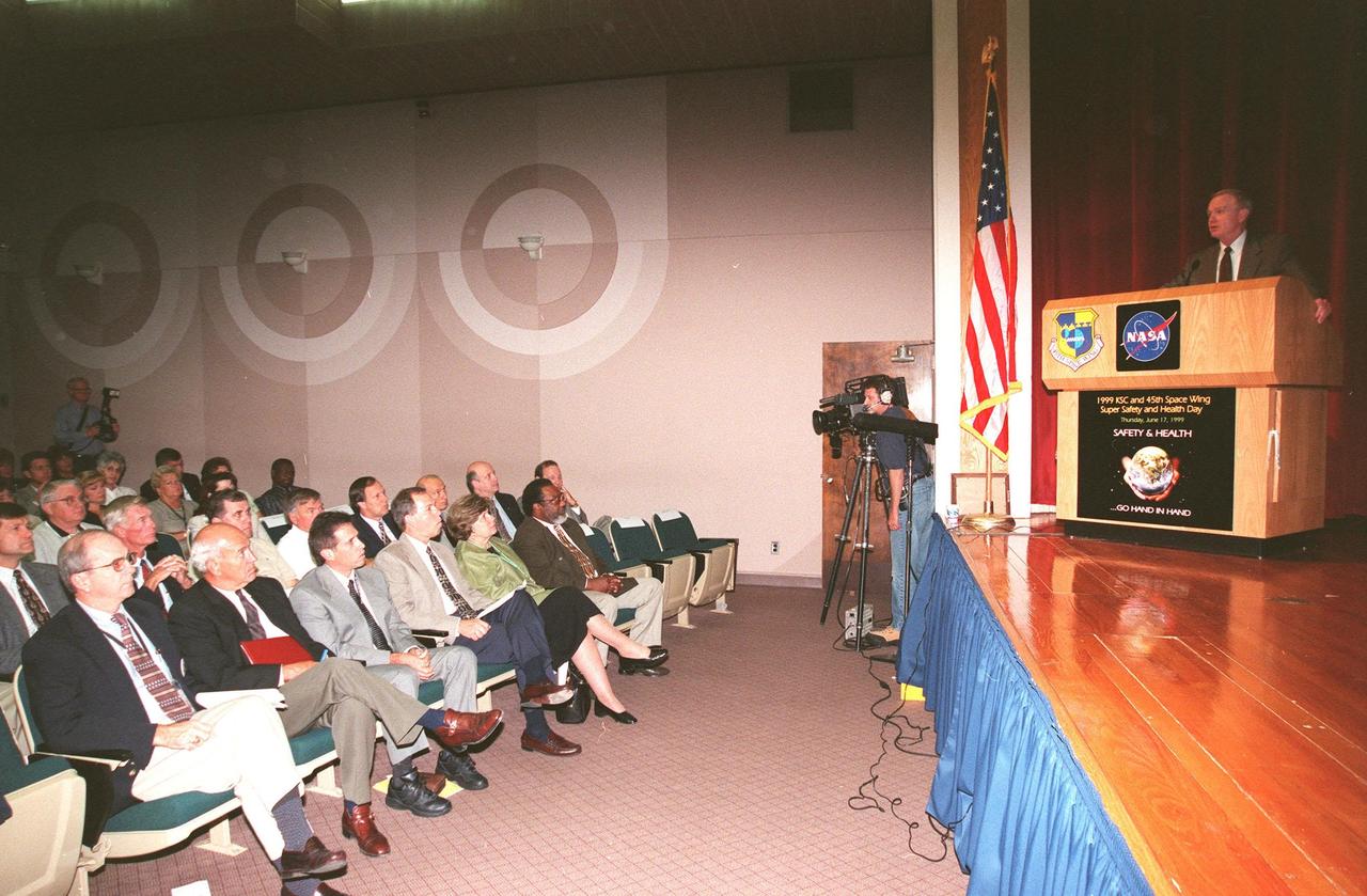 Center Director Roy Bridges opens the second Super Safety and Health Day at Kennedy Space Center, an entire day when most normal work activities are suspended to allow personnel to attend safetyand health-related activities. The theme, "Safety and Health Go Hand in Hand," emphasized KSC's commitment to place the safety and health of the public, astronauts, employees and space-related resources first and foremost. Events included a keynote address, a panel session about related issues, vendor exhibits, and safety training in work groups. The keynote address and panel session were also broadcast internally over NASA television