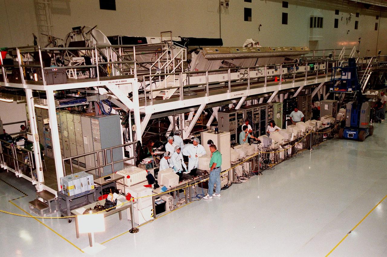 In the Space Station Processing Facility, STS-99 crew members take part in a simulated flight check of the Shuttle Radar Topography Mission (SRTM), above and behind them. The SRTM is the payload for their mission. The crew members are Commander Kevin R. Kregel, Pilot Dominic L. Pudwill Gorie, and Mission Specialists Janet Lynn kavandi (Ph.D.), Janice Voss (Ph.D.), Mamoru Mohri of Japan and Gerhard Thiele of Germany. Mohri represents the National Space Development Agency of Japan and Thiele represents the European Space Agency. An international project spearheaded by the National Imagery and Mapping Agency and NASA, with participation of the German Aerospace Center DLR, the SRTM consists of a specially modified radar system that will gather data for the most accurate and complete topographic map of the Earth's surface that has ever been assembled. SRTM will make use of radar interferometry, wherein two radar images are taken from slightly different locations. Differences between these images allow for the calculation of surface elevation, or change. The SRTM hardware will consist of one radar antenna in the shuttle payload bay and a second radar antenna attached to the end of a mast extended 60 meters (195 feet) out from the shuttle. STS-99 is scheduled to launch Sept. 16 at 8:47 a.m. from Launch Pad 39A
