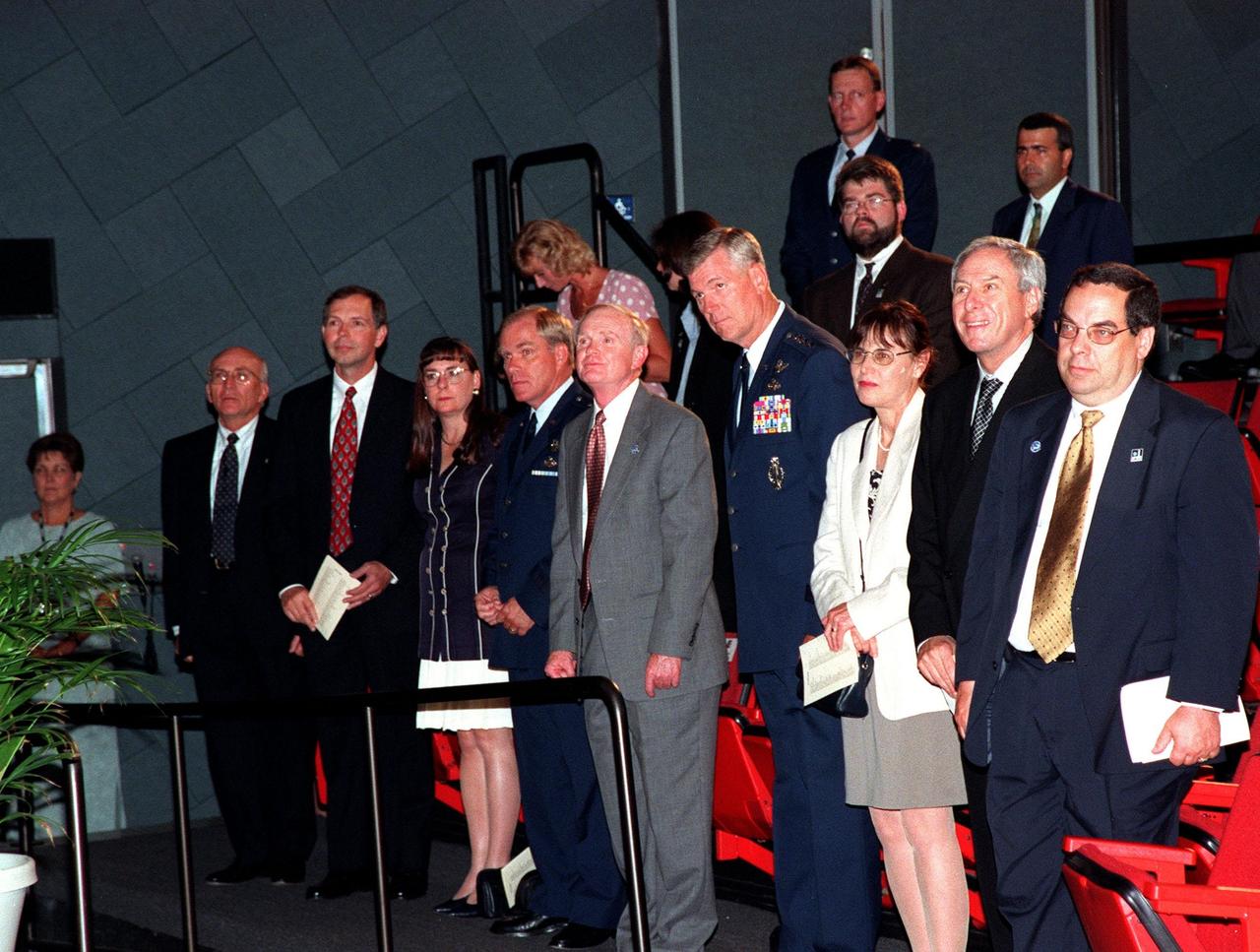 At a special presentation in the IMAX 2 Theater in the Kennedy Space Center Visitor Complex, the Hammer Award is presented to Kennedy Space Center and the 45th Space Wing. Among the attendees in the audience are (center) Center Director Roy D. Bridges Jr., flanked by (at left) Commander of the 45th Space Wing Brig. Gen. F. Randall Starbuck and (at right) Commander of the Air Force Space Command General Richard B. Myers. Standing second from right is NASA Administrator Daniel S. Goldin. At the far right is Morley Winograd, director of the National Partnership for Reinventing Government, who presented the award. The Hammer Award is Vice President Al Gore's special recognition of teams of federal employees who have made significant contributions in support of the principles of the National Partnership for Reinventing Government. This Hammer Award acknowledges the accomplishments of a joint NASA and Air Force team that established the Joint Base Operations and Support Contract (J-BOSC) Source Evaluation Board (SEB). Ed Gormel and Chris Fairey, co-chairs of the SEB, accepted the awards for the SEB. The team developed and implemented the acquisition strategy for establishing a single set of base operations and support service requirements for KSC, Cape Canaveral Air Station and Patrick Air Force Base