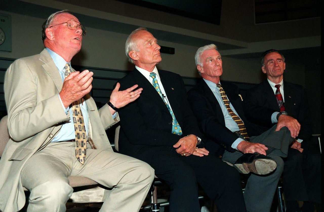 KENNEDY SPACE CENTER, FLA. -- Former Apollo astronauts meet with the media at the Apollo/Saturn V Center prior to an anniversary banquet highlighting the contributions of aerospace employees who made the Apollo program possible. From left are Neil A. Armstrong and Edwin "Buzz" Aldrin who flew on Apollo 11, the launch to the moon; Gene Cernan, who flew on Apollo 10 and 17; and Walt Cunningham, who flew on Apollo 7. This is the 30th anniversary of the launch and moon landing, July 16 and July 20, 1969. Neil Armstrong was the first man to set foot on the moon