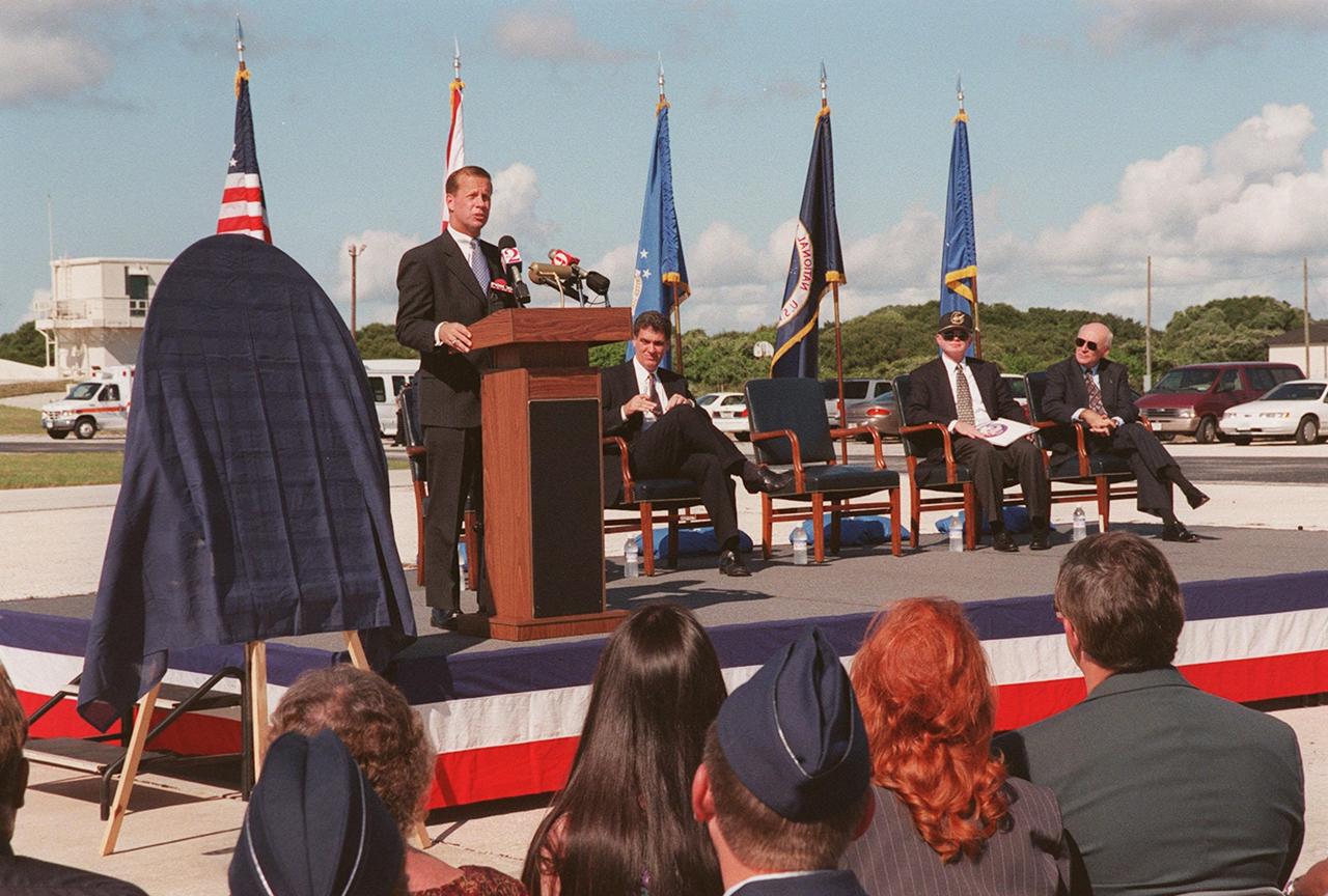 At Cape Canaveral Air Station's Complex 3/4, officials held a ceremony, kicking off a year-long series of events commemorating 50 years of launches from the Space Coast, that began with the Bumper rockets. From left are Lieutenant Governor of the State of Florida Frank T. Brogan; Congressman David Weldon, 15th Congressional District of the State of Florida; Center Director Roy D. Bridges; and Executive Director Edward F. Gormel, Joint Performance Management Office. Also present (but not seen) is Brig. Gen. Donald P. Pettit, Commander, 45th Space Wing. After six Bumper launches at White Sands Proving Grounds, N.M., and a failed Bumper 7, a successful Bumper 8 lifted off July 24, 1950, from Complex 3/4 to conduct aerodynamic investigations around Mach 7 at relatively low altitudes. The kick-off event also inaugurated a student art contest to design a commemorative etching. The winning artwork will be permanently displayed on a 24-inch black granite square in the U.S. Space Walk Hall of Fame in Titusville, Fla