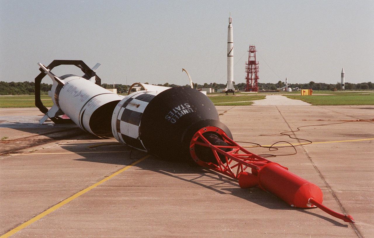 At Cape Canaveral Air Station's Complex 5/6, a Redstone rocket lies broken on the pad after Hurricane Floyd passed along the East Coast of Florida, Sept. 14-15. Still standing behind it are the Explorer I (center) and Jupiter C (right) rockets. The complex, now dismantled, was the site of the first manned launch May 5, 1961. At a weather tower located between Shuttle Launch Pad 39A and Launch Complex 41, the highest winds recorded during the superstorm were 91 mph from the NNW at 4:50 a.m. on Wednesday, Sept. 15. The maximum sustained winds were recorded at 66 mph. The highest amount of rain recorded at KSC was 2.82 inches as the eye of Hurricane Floyd passed 121 miles east of Cape Canaveral at 4 a.m. Wednesday. A preliminary review of conditions at the Kennedy Space Center was positive, however, after the worst of Hurricane Floyd passed. There appeared to be no major damage to NASA assets, including the launch pads, the four Space Shuttle Orbiters, and flight hardware