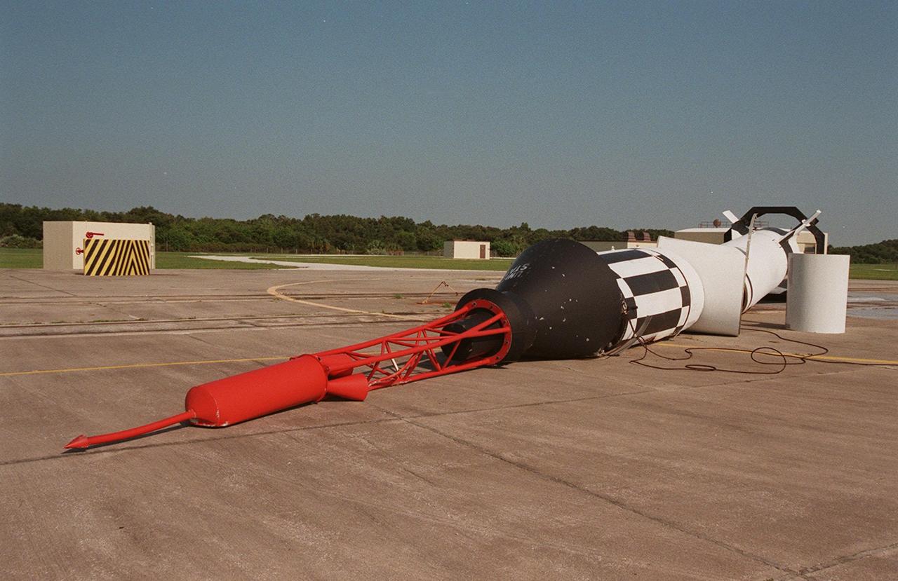 A Redstone rocket lies broken on Cape Canaveral Air Station's Complex 5/6 after Hurricane Floyd passed along the East Coast of Florida, Sept. 14-15. On the right lies a broken cable, which held the rocket in place, apparently sheared by the storm. The complex, now dismantled, was the site of the first manned launch May 5, 1961. At a weather tower located between Shuttle Launch Pad 39A and Launch Complex 41, the highest winds recorded during the superstorm were 91 mph from the NNW at 4:50 a.m. on Wednesday, Sept. 15. The maximum sustained winds were recorded at 66 mph. The highest amount of rain recorded at KSC was 2.82 inches as the eye of Hurricane Floyd passed 121 miles east of Cape Canaveral at 4 a.m. Wednesday. A preliminary review of conditions at the Kennedy Space Center was positive, however, after the worst of Hurricane Floyd passed. There appeared to be no major damage to NASA assets, including the launch pads, the four Space Shuttle Orbiters, and flight hardware