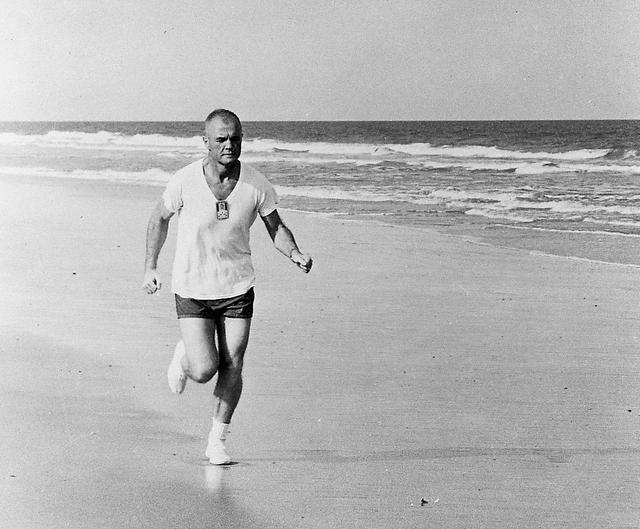 1962 -- Running along the beach at Cape Canaveral, Florida, astronaut John H. Glenn Jr., pilot of the Mercury-Atlas 6 mission, participates in a strict physical training program, as he exemplifies by frequent running. 