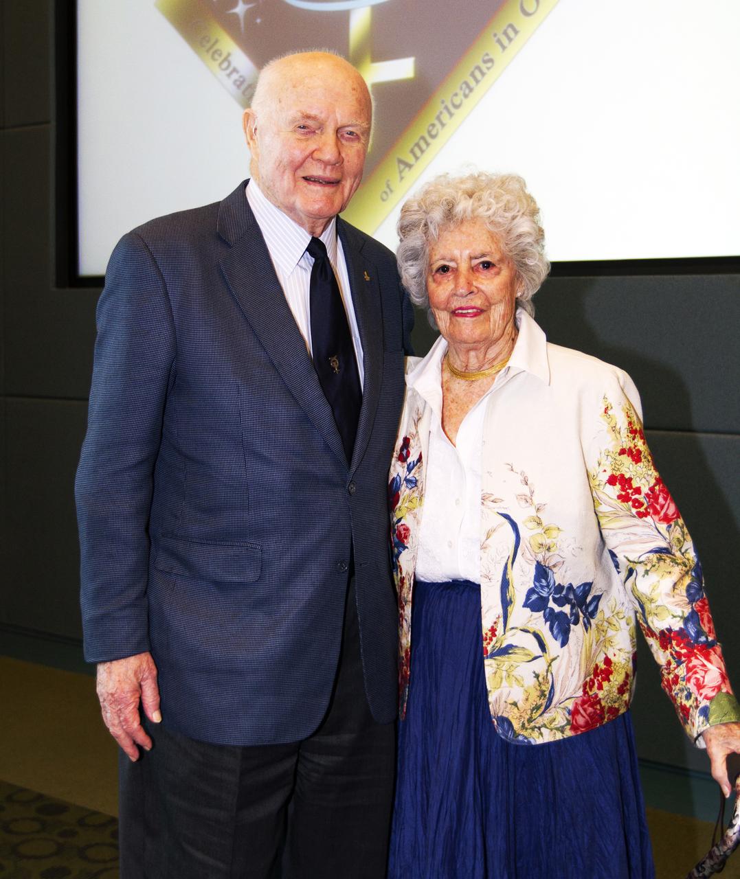 Mercury astronaut John Glenn and his wife, Annie, pose during a luncheon Feb. 17, 2012, celebrating 50 years of Americans in orbit, an era which began with Glenn's Mercury mission MA-6, on Feb. 20, 1962. Glenn's launch aboard an Atlas rocket took with it the hopes of an entire nation and ushered in a new era of space travel that eventually led to Americans walking on the moon by the end of the 1960s. Glenn soon was followed into orbit by Scott Carpenter, Walter Schirra and Gordon Cooper. Their fellow Mercury astronauts Alan Shepard and Virgil "Gus" Grissom flew earlier suborbital flights. Deke Slayton, a member of NASA's original Mercury 7 astronauts, was grounded by a medical condition until the Apollo-Soyuz Test Project in 1975.