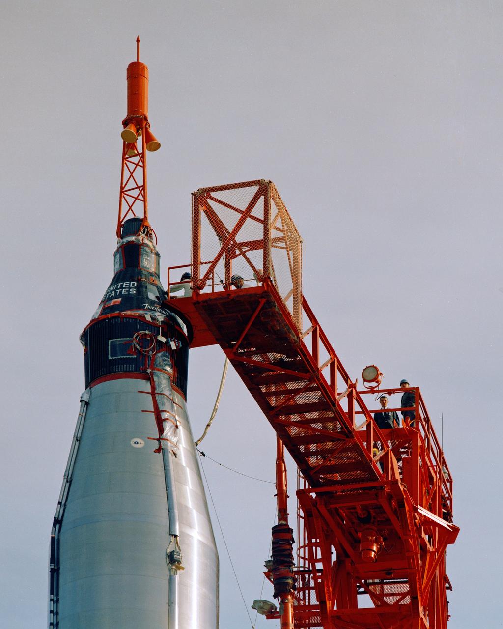 CAPE CANAVERAL, Fla. -- Capsule #13 atop MA-6 with egress facility extended to capsule. PAD 14, CCMTA.      Photo credit: NASA