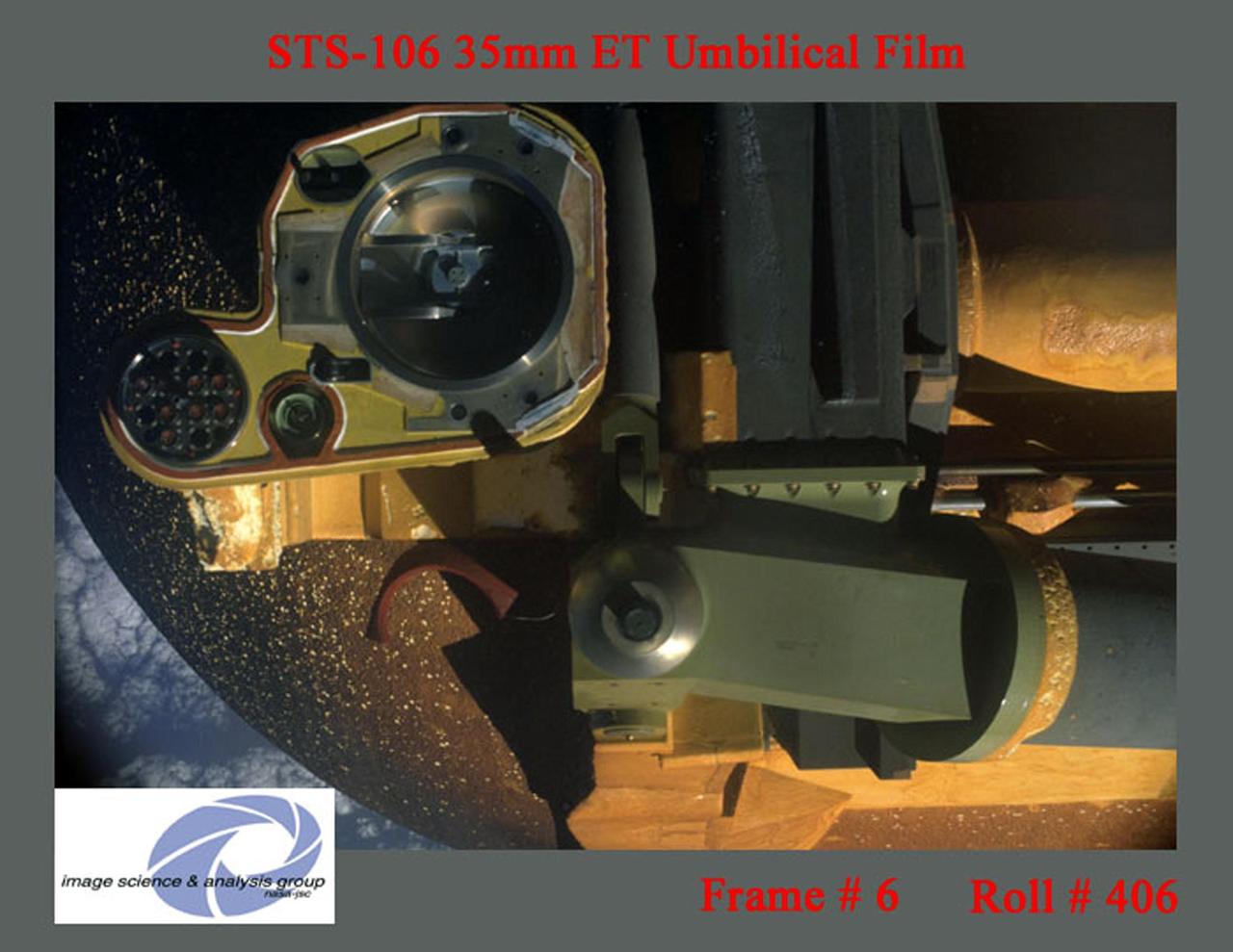 KENNEDY SPACE CENTER, FLA. -- A bolt is shown in the lower central part of the photo. It is visible as a dark circle with a shadow surrounding it inside a larger silvery circle. The bolt extends above the surface 2-1/4 inches, causing the shadow.; The photo was taken at launch of Space Shuttle Atlantis on mission STS-106.