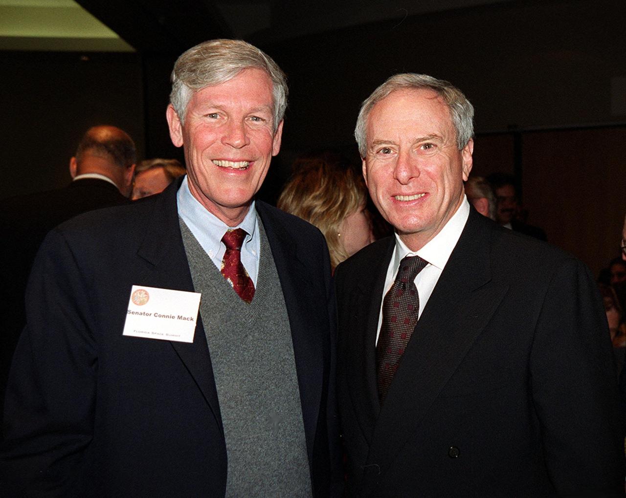 Senator Connie Mack (left) NASA Administrator Dan Goldin (right) are two of the participants in the First Florida Space Summit, held at the Kennedy Space Center Visitor Complex. The event, featuring a discussion on the future of space as it relates to the State of Florida and moderated by Center Director Roy Bridges, included other participants such as Senator Bob Graham, Rep. Dave Weldon, 45th Space Wing Commander Brig. Gen. Donald Pettit and heads of aerospace companies