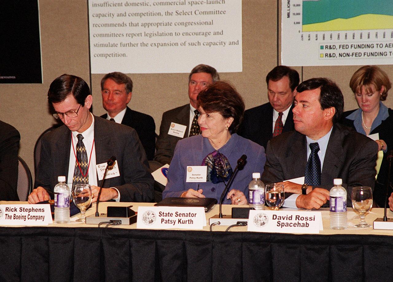 KENNEDY SPACE CENTER, FLA. -- Participants in the First Florida Space Summit take part in a discussion on the future of space as it relates to the State of Florida.  The discussion was moderated by Center Director Roy Bridges.  Seated (left to right) are Rick Stephens, The Boeing Company; State Senator Patsy Kurth; David Rossi, SPACEHAB; The event also included Senator Bob Graham, Senator Connie Mack, Representative Dave Weldon, 45th Space Wing Commander Brig. Gen. Donald Pettit, and heads of aerospace companies.