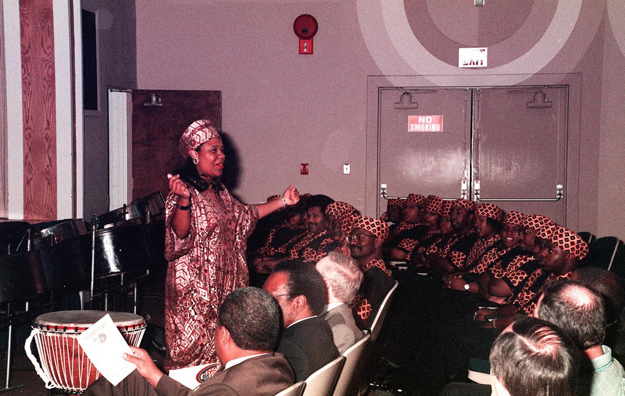 Michelle Amos, mistress of ceremonies for the kick-off of African-American History Month, works with the audience to assist them in the pronunciation of a few token words in native Swahili. The theme for this year’s observation is &quot;Heritage and Horizons: The African-American Legacy and the Challenges of the 21st Century.&quot; February is designated each year as a time to celebrate the achievements and contributions of African Americans to Kennedy Space Center, NASA and the nation