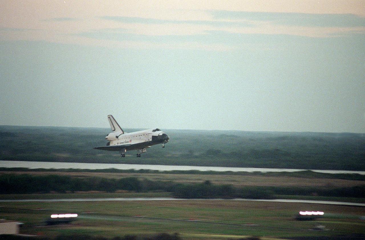 KENNEDY SPACE CENTER, Fla. -- Space Shuttle Endeavour prepares to land on KSC's Shuttle Landing Facility Runway 33 to complete the 11-day, 5-hour, 38-minute-long STS-99 mission. Main gear touchdown was at 6:22:23 p.m. EST Feb. 22 , landing on orbit 181 of the mission. Nose gear touchdown was at 6:22:35 p.m.. EST, and wheel stop at 6:23:25 p.m. EST. At the controls are Commander Kevin Kregel and Pilot Dominic Gorie. Also onboard the orbiter are Mission Specialists Janet Kavandi, Janice Voss, Mamoru Mohri of Japan and Gerhard Thiele of Germany. Mohri is with the National Space Development Agency (NASDA) and Thiele is with the European Space Agency. The crew are returning from the Shuttle Radar Topography Mission, after mapping more than 47 million square miles of the Earth. This was the 97th flight in the Space Shuttle program and the 14th for Endeavour, also marking the 50th landing at KSC, the 21st consecutive landing at KSC, and the 28th in the last 29 Shuttle flights