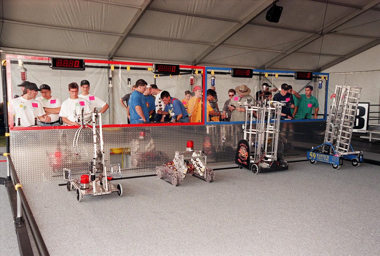 Students test their robots in practice sessions before the start of the FIRST (For Inspiration and Recognition of Science and Technology) Southeast Regional competition March 9-11 at the KSC Visitor Complex. Teams of high school students are testing the limits of their imagination using robots they have designed, with the support of business and engineering professionals and corporate sponsors, to compete in a technological battle against other schools' robots. Of the 30 high school teams competing at KSC, 16 are Florida teams co-sponsored by NASA and KSC contractors. Local high schools participating are Astronaut, Bayside, Cocoa Beach, Eau Gallie, Melbourne, Melbourne Central Catholic, Palm Bay, Rockledge, Satellite, and Titusville