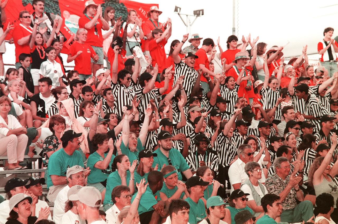 Crowds of students, friends and family fill the bleachers to cheer and applaud during the closing presentations of the FIRST (For Inspiration and Recognition of Science and Technology) Southeast Regional competition held at the KSC Visitor Complex. Teams of high school students from all over the country tested the limits of their imagination using robots they designed, with the support of business and engineering professionals and corporate sponsors, to compete in a technological battle against other schools' robots. Of the 30 high school teams competing at the Southeast Regional event, 16 were Florida teams co-sponsored by NASA and KSC contractors. Local high schools participating are Astronaut, Bayside, Cocoa Beach, Eau Gallie, Melbourne, Melbourne Central Catholic, Palm Bay, Rockledge, Satellite, and Titusville