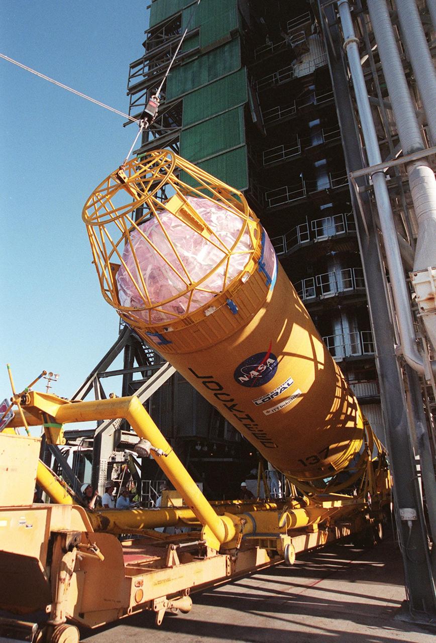 The second stage of an Atlas II/Centaur rocket is raised to a vertical position in front of the gantry on pad 36-A, Cape Canaveral Air Force Station, for mating with the first stage. Atlas II is designed to launch payloads into low earth orbit, geosynchronous transfer orbit or geosynchronous orbit. The rocket is the launch vehicle for the GOES-L satellite, part of the NOAA National Weather Service system in weather imagery and atmospheric sounding information. The primary objective of the GOES-L is to provide a full capability satellite in an on-orbit storage condition, to assure NOAA continuity in services from a two-satellite constellation. Launch services are being provided by the 45th Space Wing