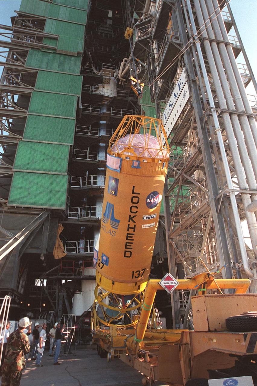 Workers at Cape Canaveral Air Force Station watch as the second stage of an Atlas II/Centaur rocket is raised to a vertical position in front of the gantry on pad 36-A. Atlas II is designed to launch payloads into low earth orbit, geosynchronous transfer orbit or geosynchronous orbit. The rocket is the launch vehicle for the GOES-L satellite, part of the NOAA National Weather Service system in weather imagery and atmospheric sounding information. The primary objective of the GOES-L is to provide a full capability satellite in an on-orbit storage condition, to assure NOAA continuity in services from a two-satellite constellation. Launch services are being provided by the 45th Space Wing